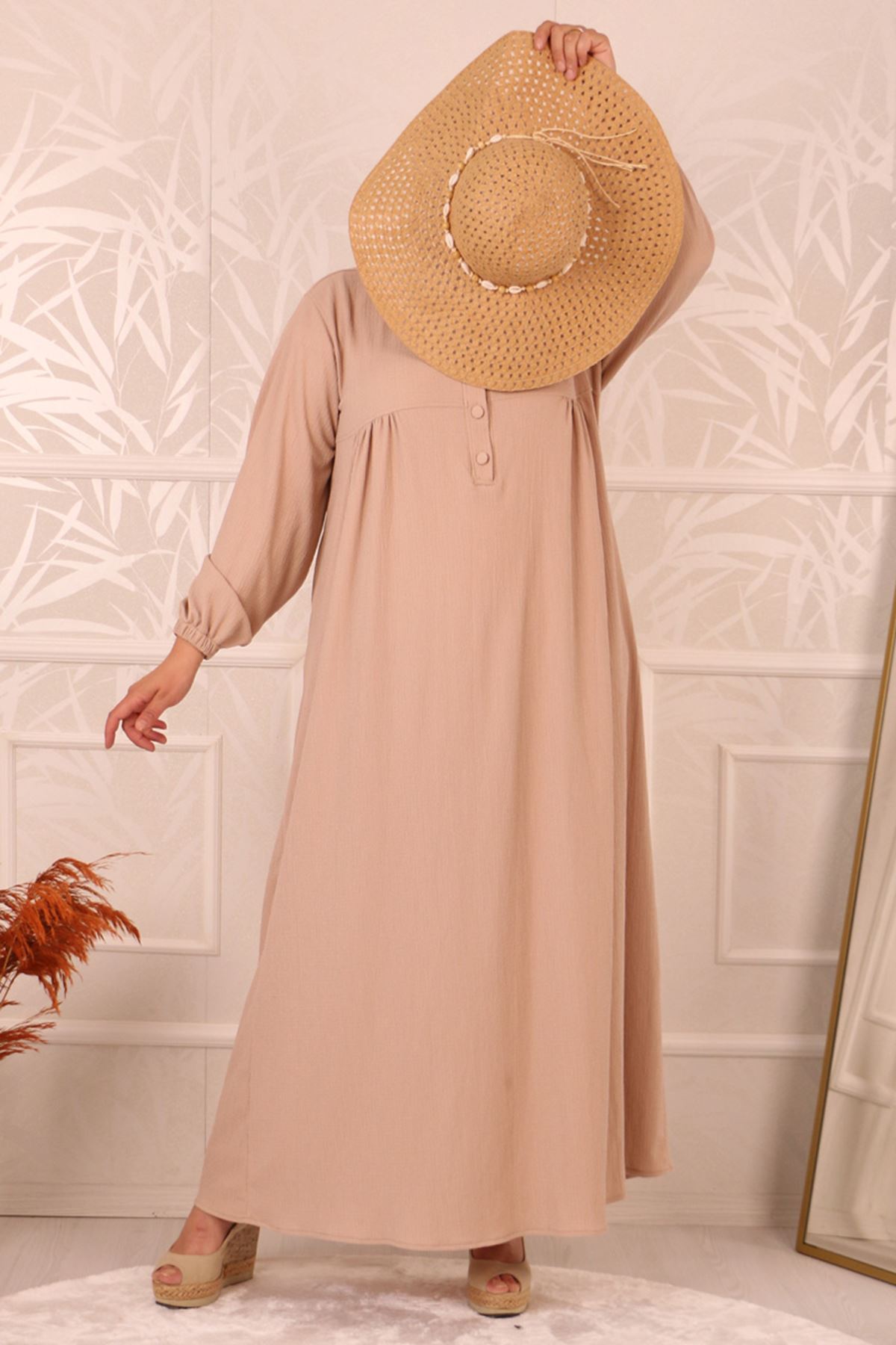 32023 Plus Size Front Pleated Crepe Dress -Beige