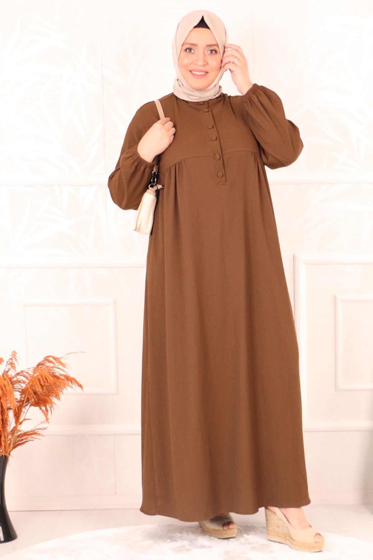 32023 Plus Size Front Pleated Crepe Dress -Brown