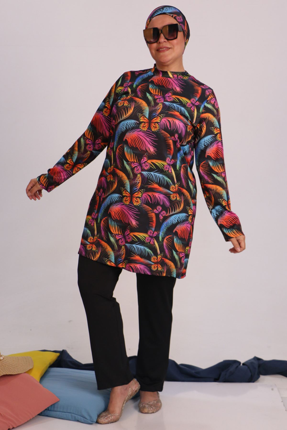  1711 Plus Size Long Sleeve Hijab Swimsuit Set - Butterfly Pattern