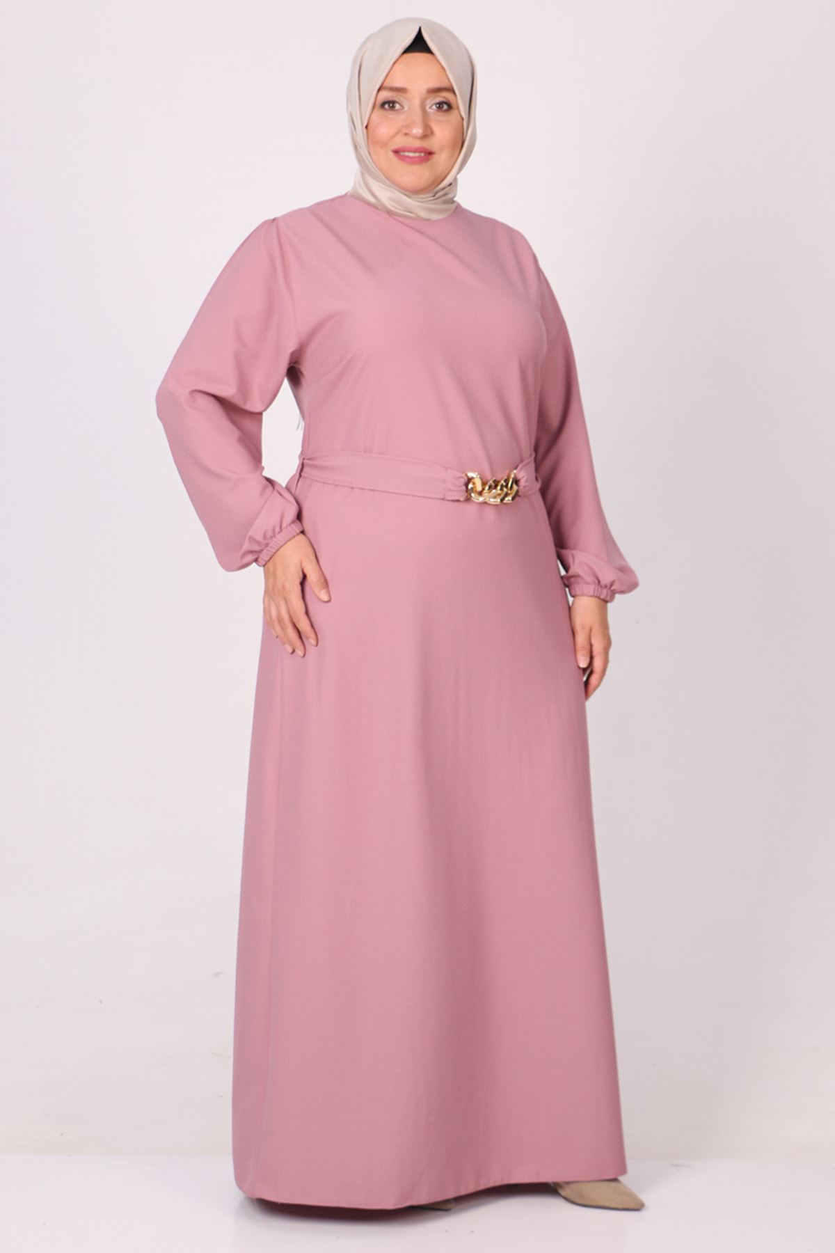 32018 Plus Size Double Layer Crepe Dress With Detachable Belt - Pink
