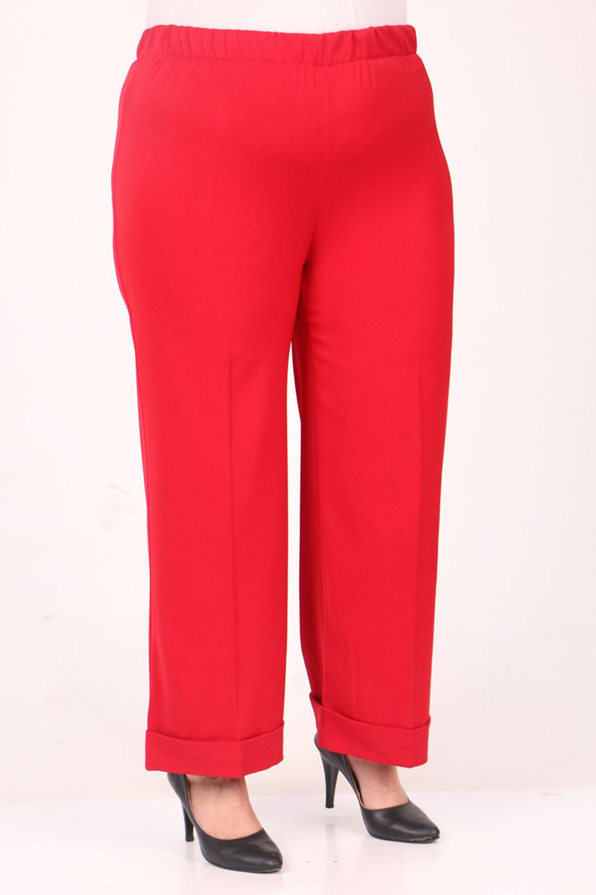 D-39022 Büyük Beden Beli Lastikli Duble Paça Defolu Pantolon - Kırmızı 