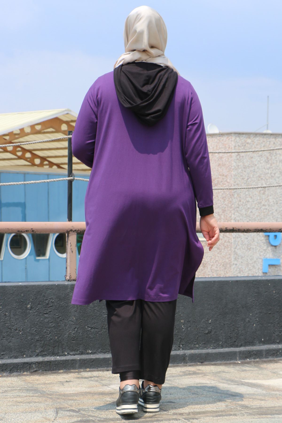 37004 Plus Size Hooded Combed Cotton Pants Set - Purple