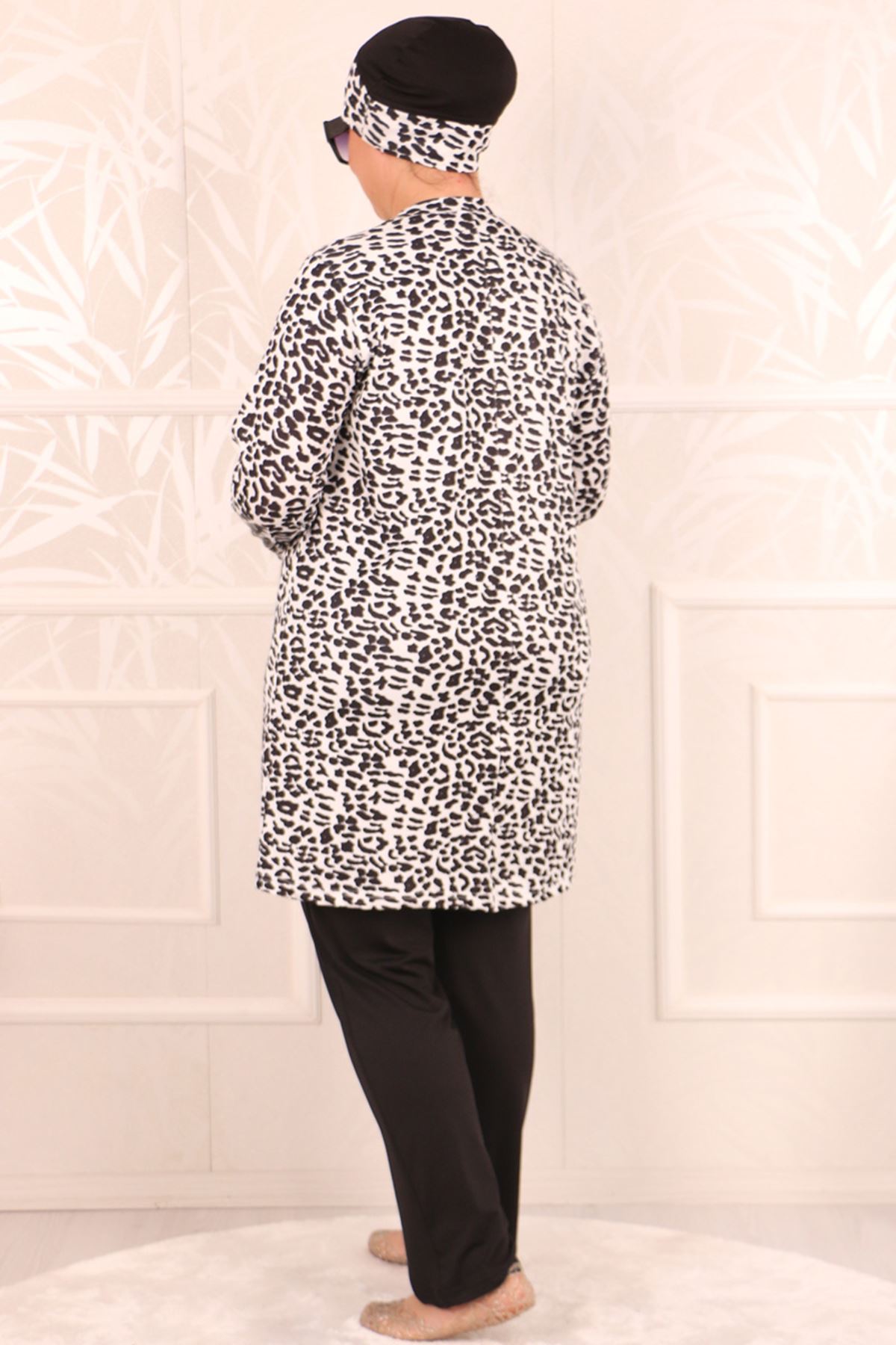 1711 Plus Size Long Sleeve Hijab Swimsuit Set - Black Leopard