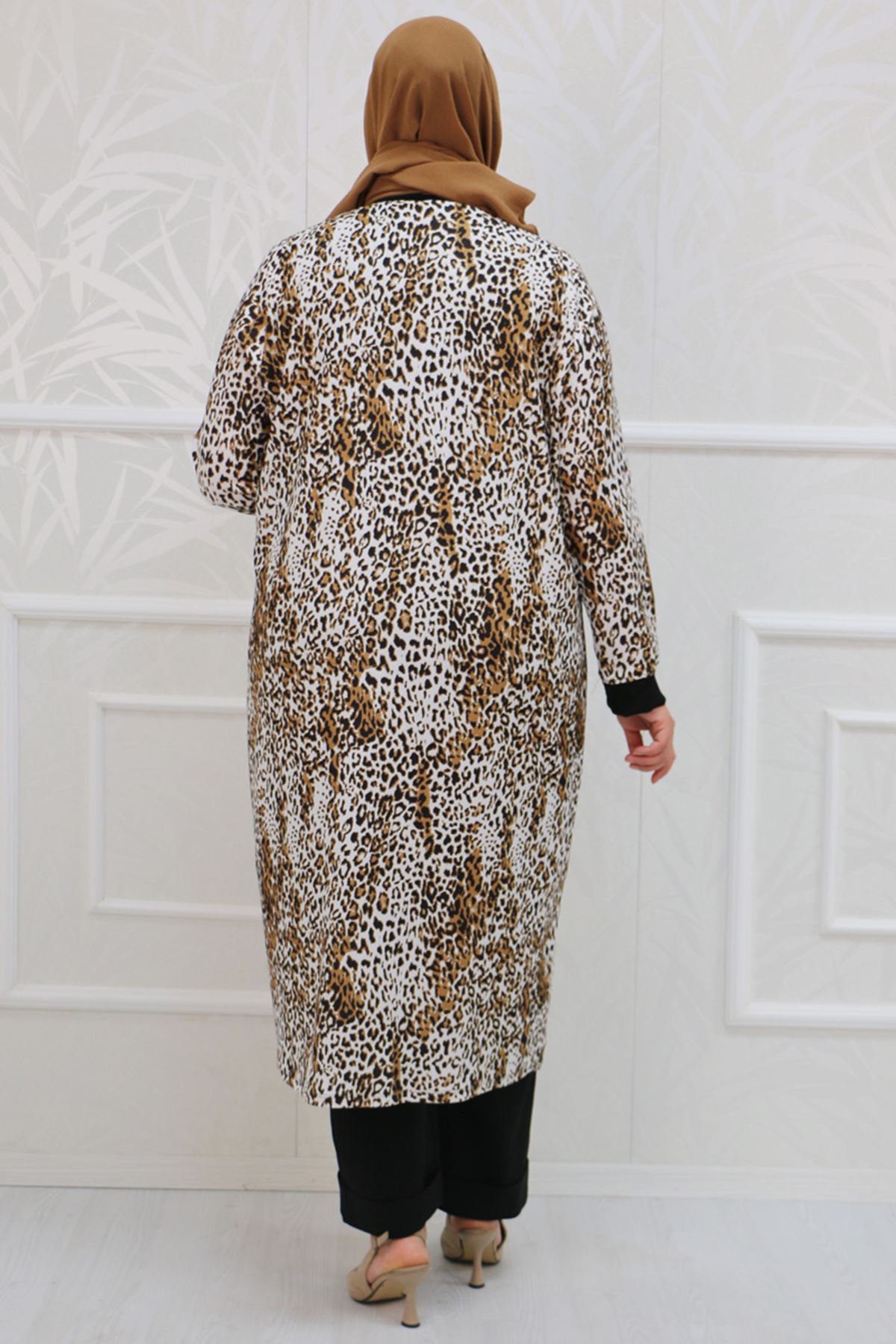 37101 Large Size Crepe Tunic Jacket Suit-Leopard