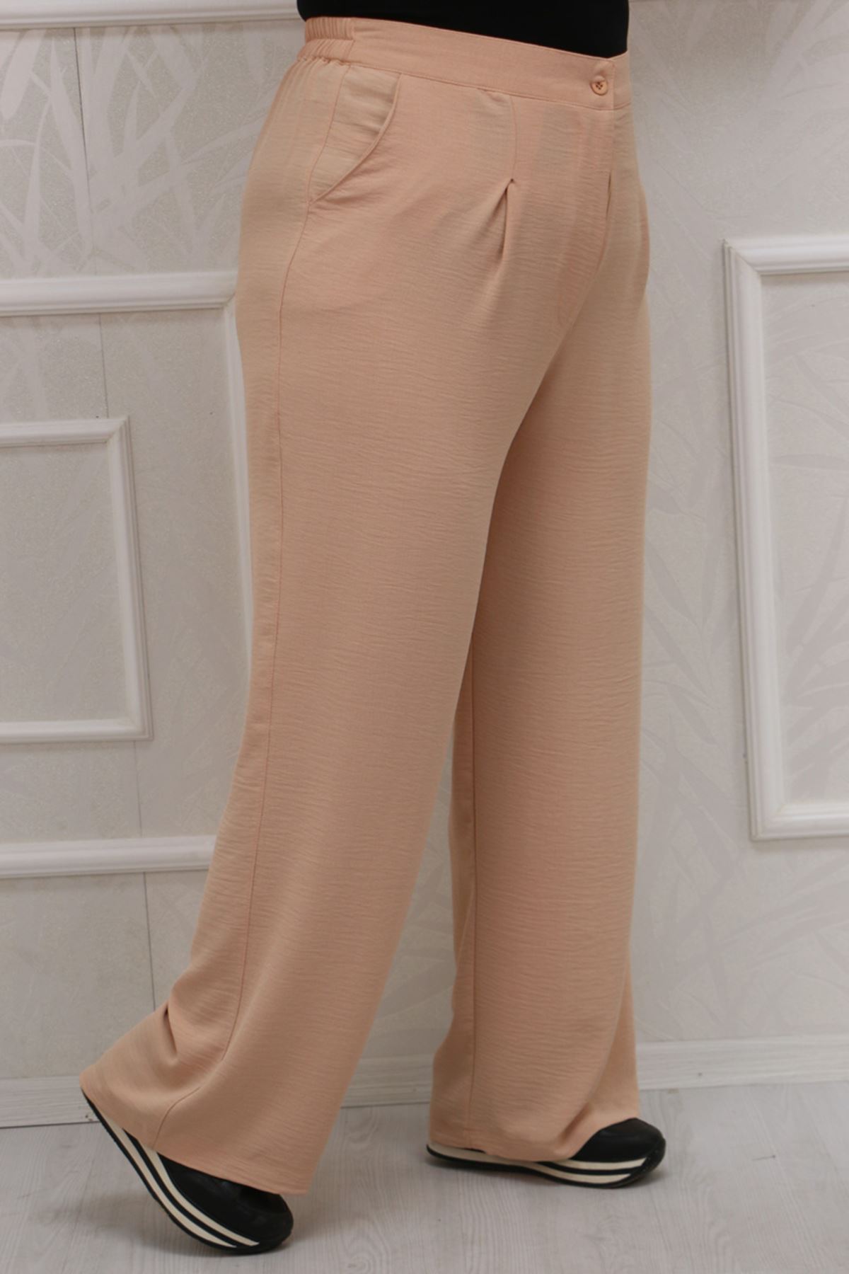 39020 Large Size Airobin Elastic Waist Trousers - Beige
