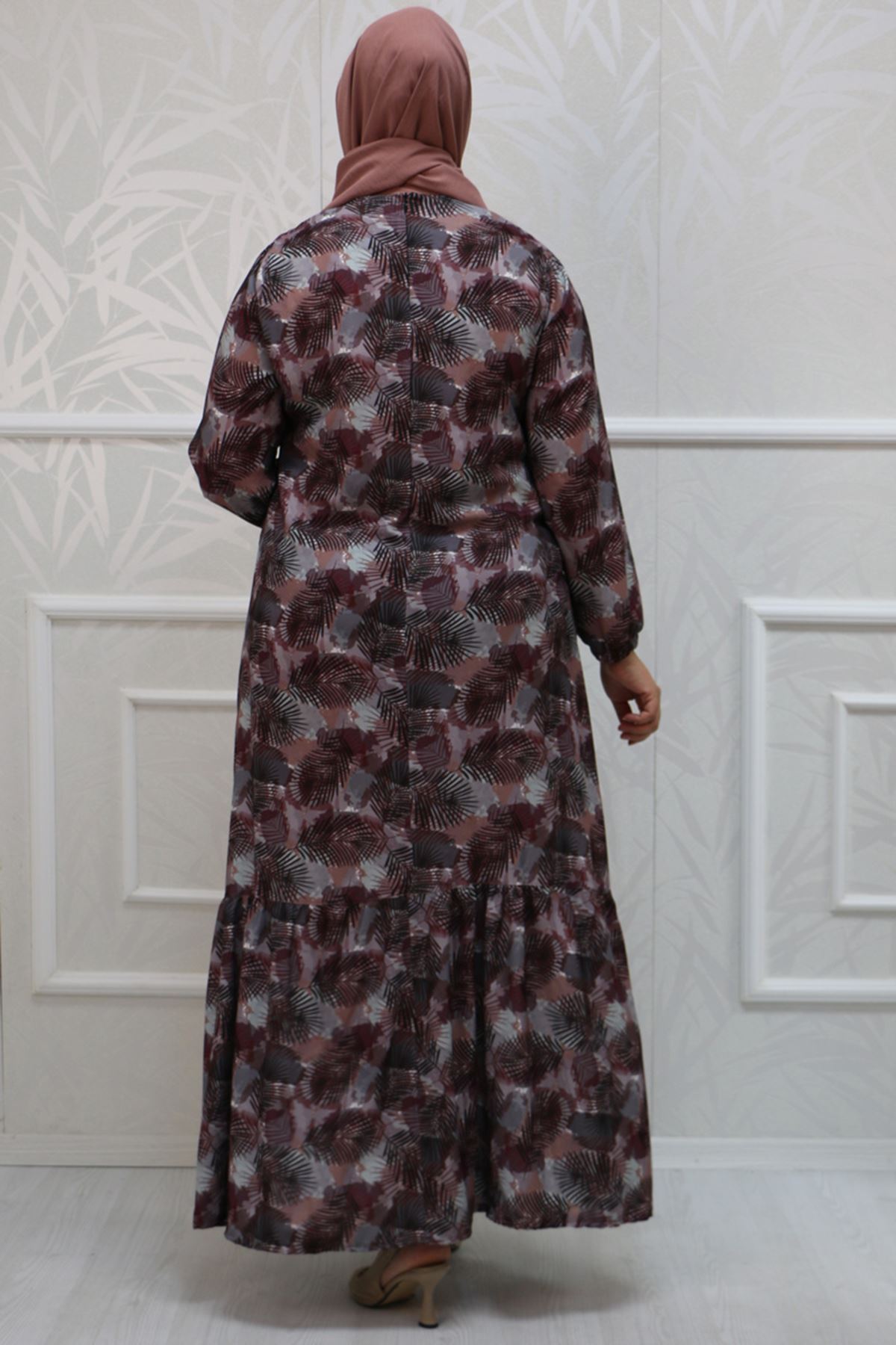 32041 Büyük Beden Eteği Fırfırlı Desenli Jesica Elbise-Yaprak Desen Mor