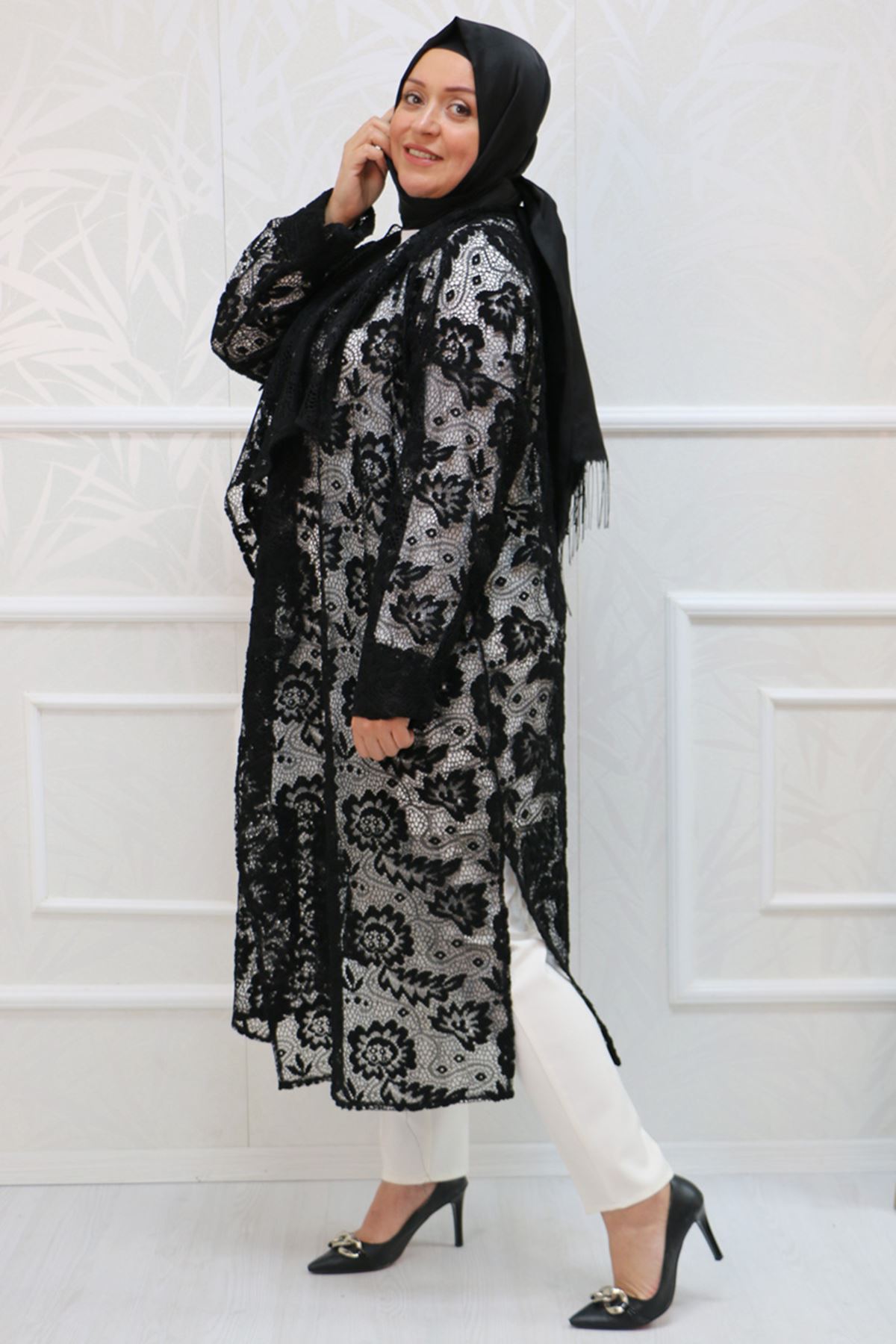 33035 Large Size Lace Fabric Shawl Collar Jacket - Floral Pattern Black