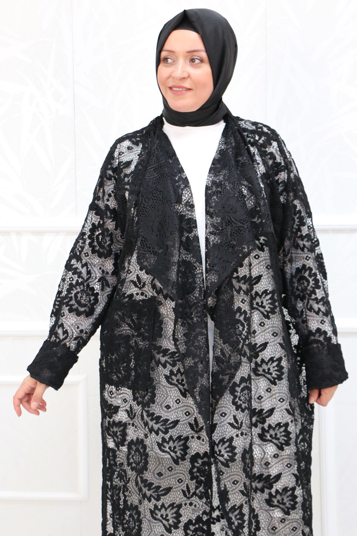 33035 Large Size Lace Fabric Shawl Collar Jacket - Floral Pattern Black