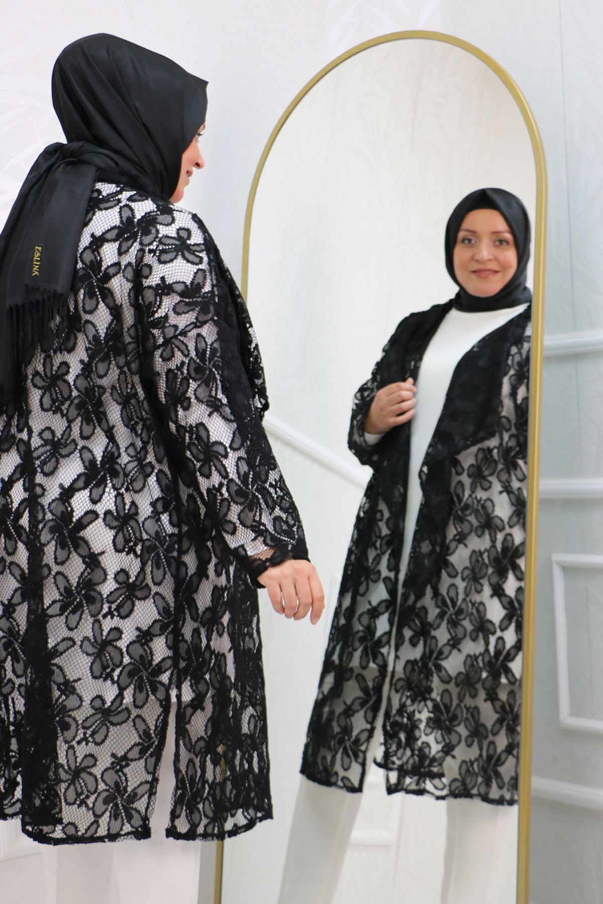 33035 Large Size Lace Fabric Shawl Collar Jacket - Black