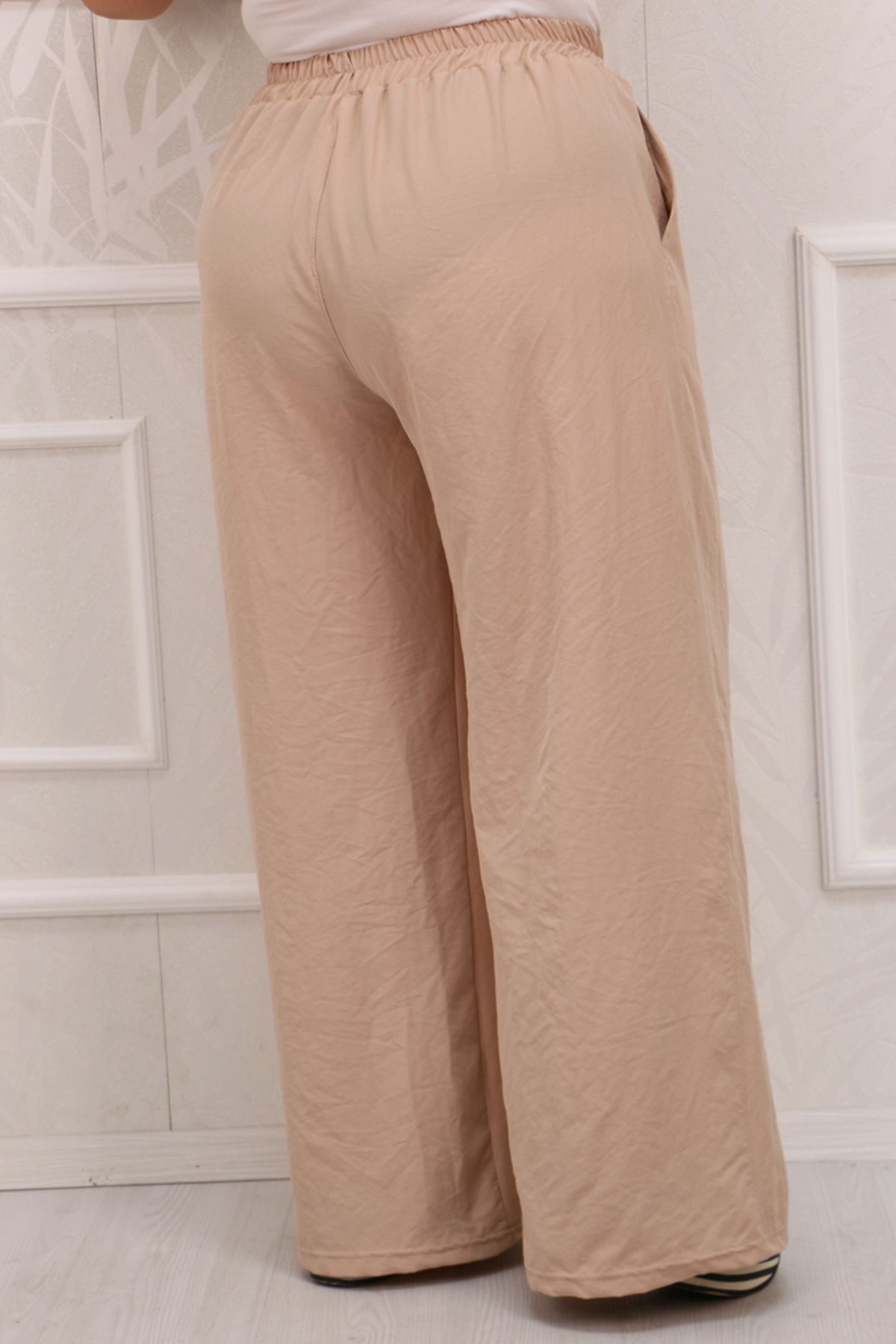 39024 Large Size Star Airobin Slim Leg Pants With Elastic Waist -Beige