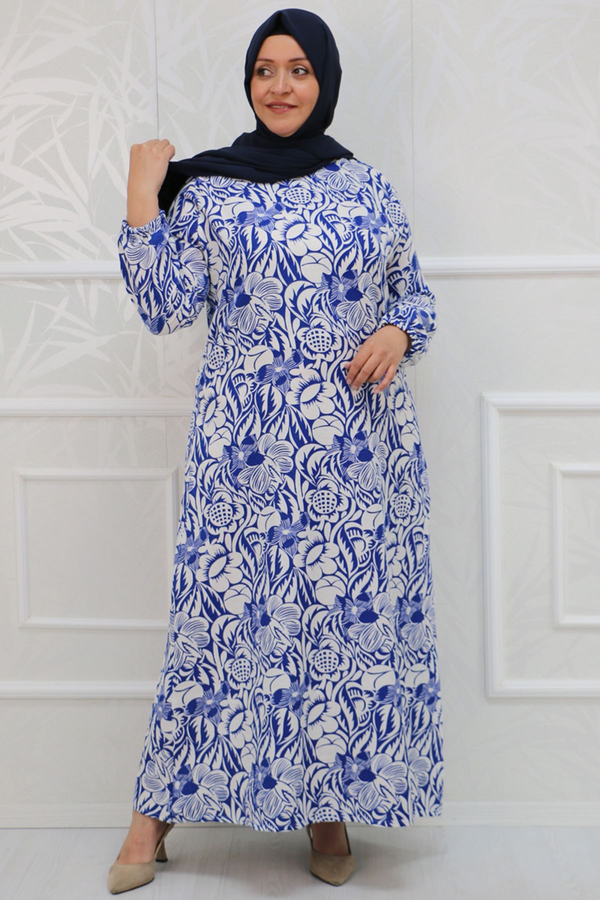 32043 Plus Size Patterned Linen Dress -Floral Indigo