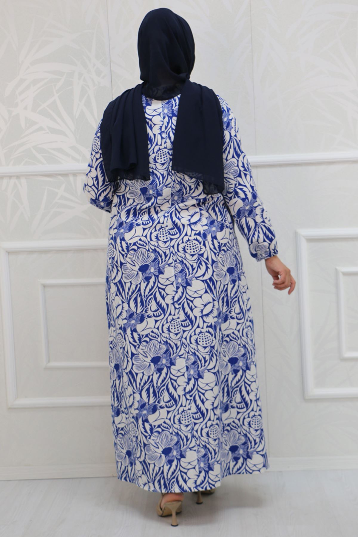 32043 Plus Size Patterned Linen Dress -Floral Indigo