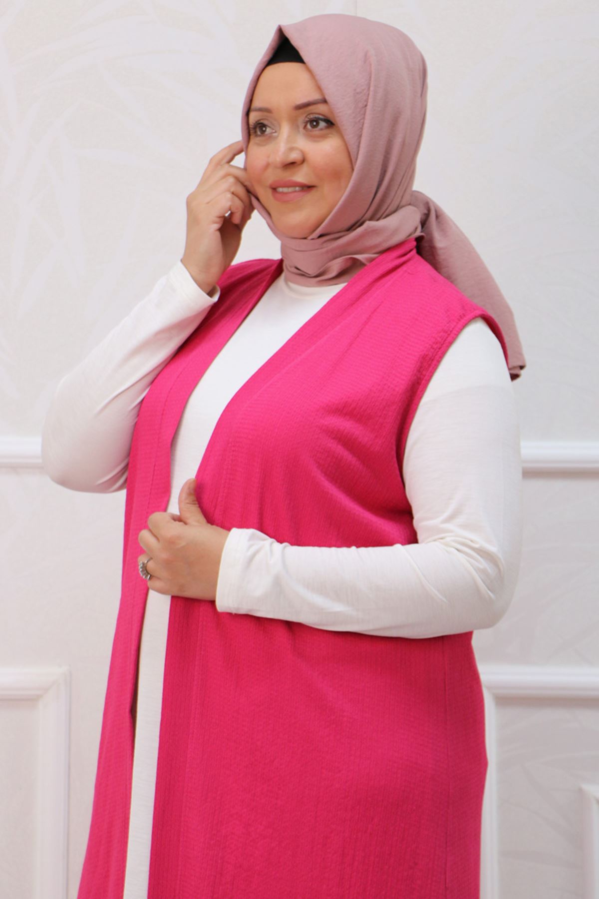 30409 Wear Plus Size Crescent Waistcoat Vest- Pink