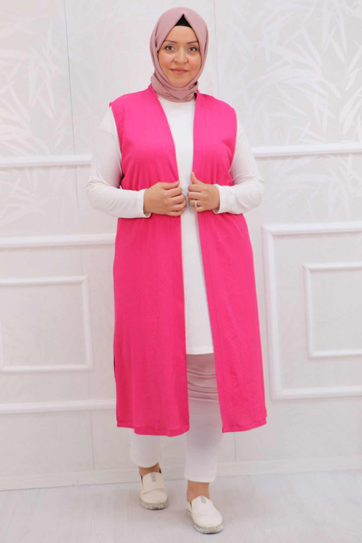 30409 Wear Plus Size Crescent Waistcoat Vest- Pink
