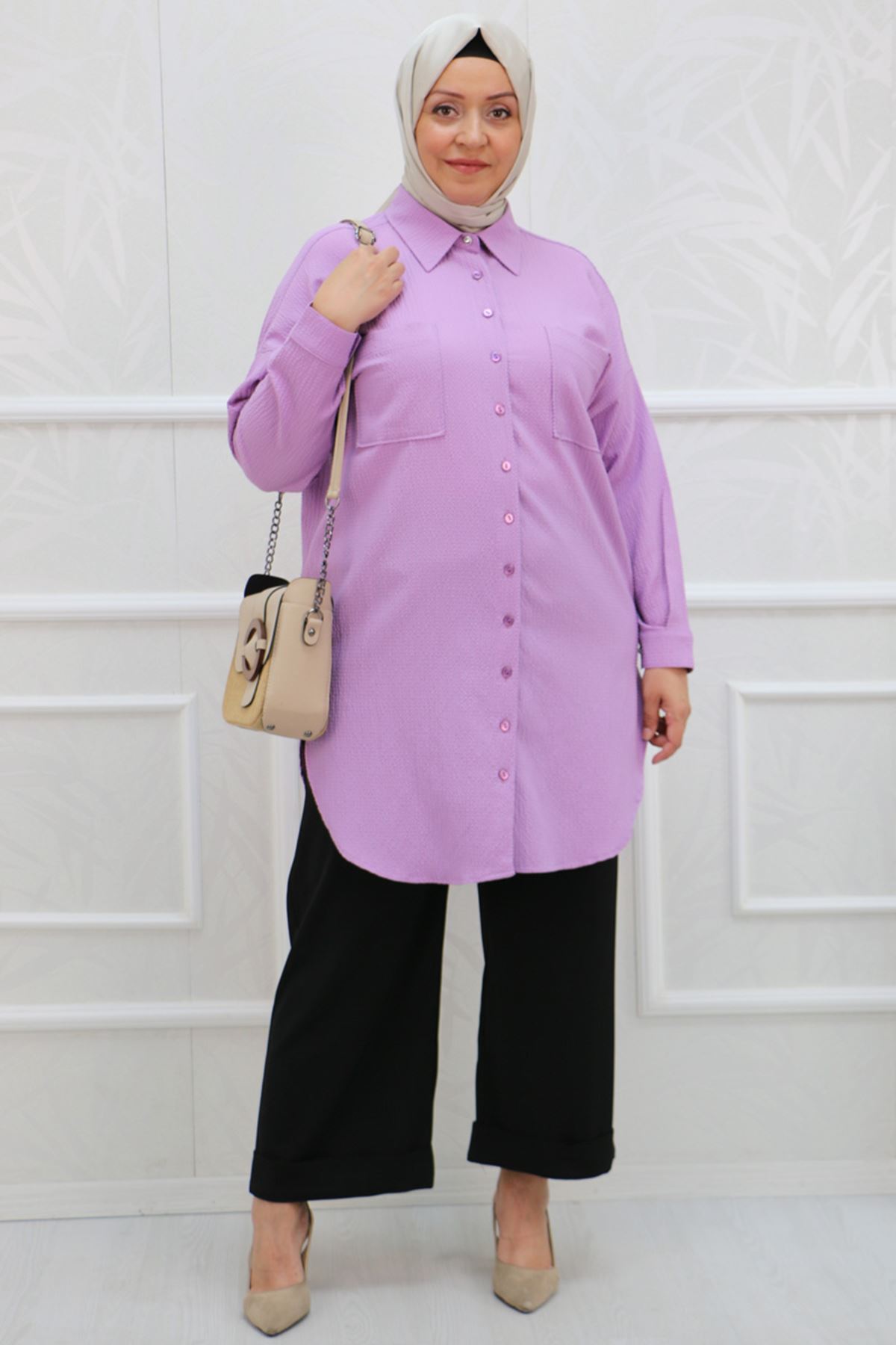 38067 Plus Size Low Sleeve Goffre Shirt- Lilac