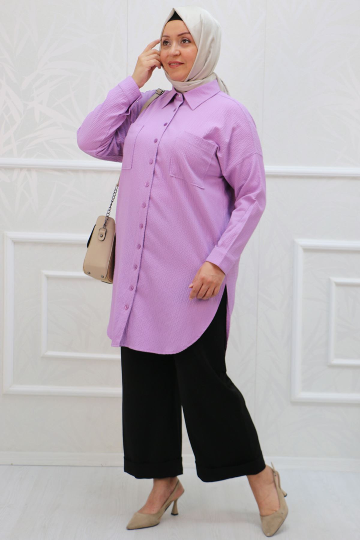 38067 Plus Size Low Sleeve Goffre Shirt- Lilac