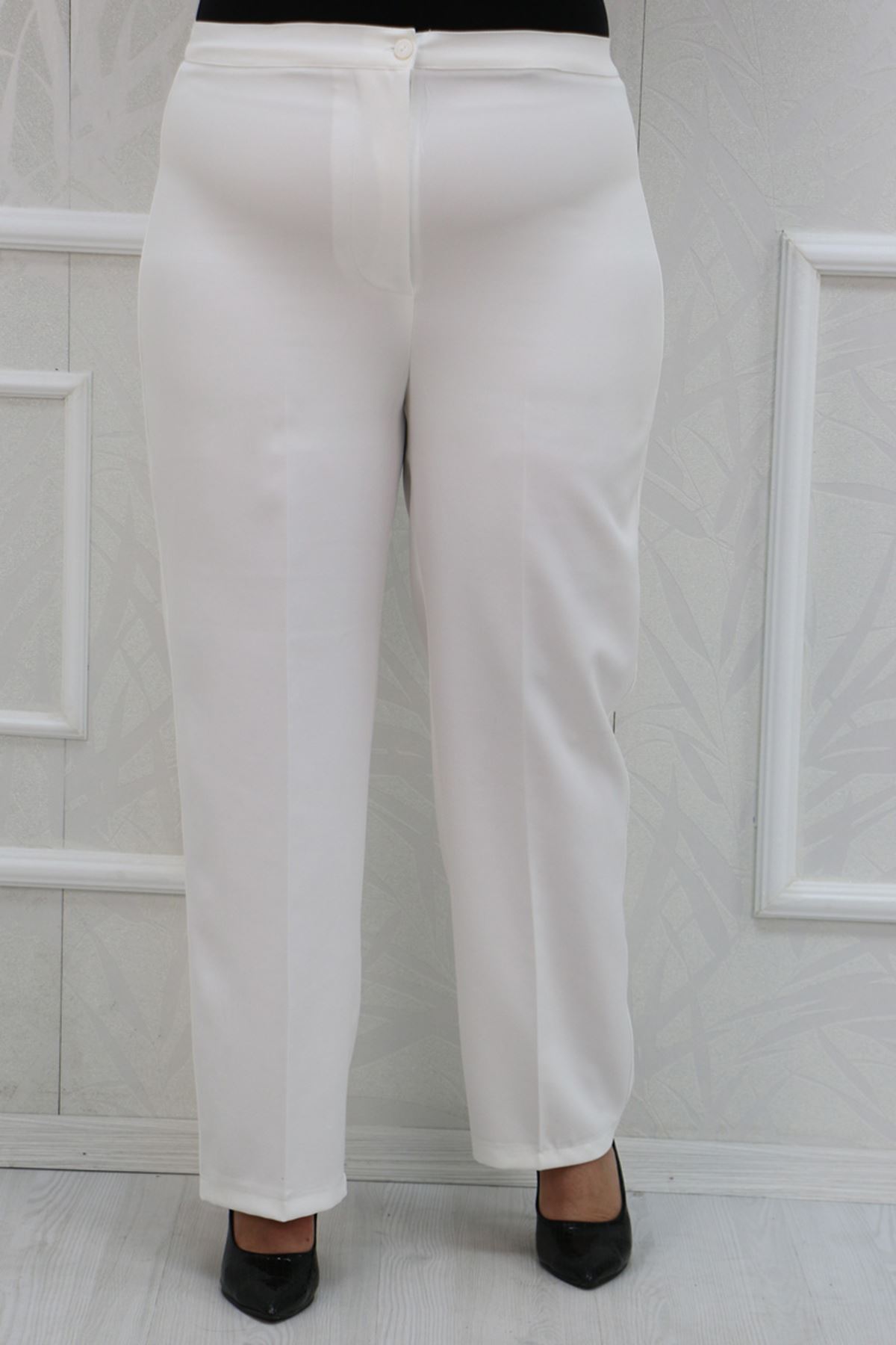 29021 Büyük Beden Beli Düğmeli En Boy Likra Pantolon - Beyaz