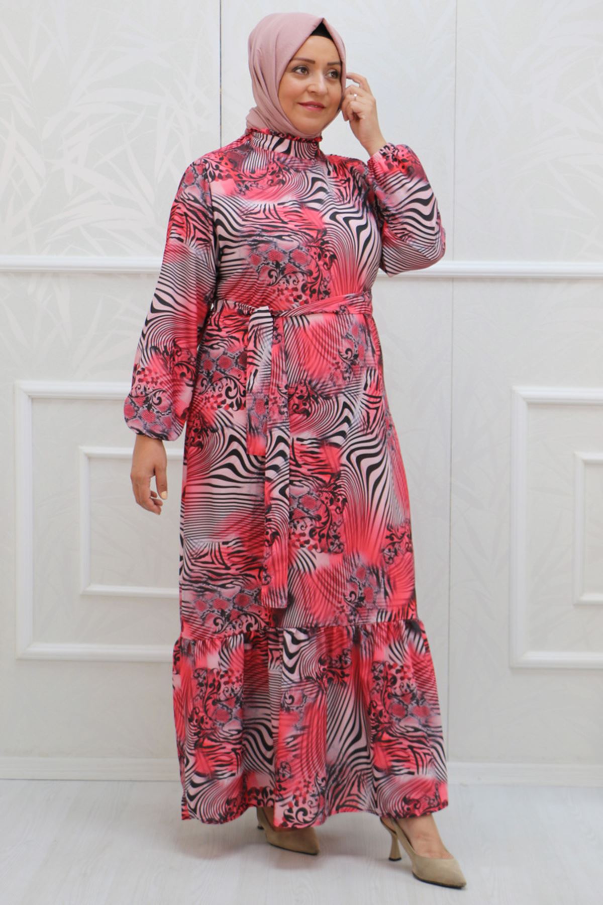 32040 Plus Size Jesica Dress with Frilled Neckline-Patterned Zebra Coral