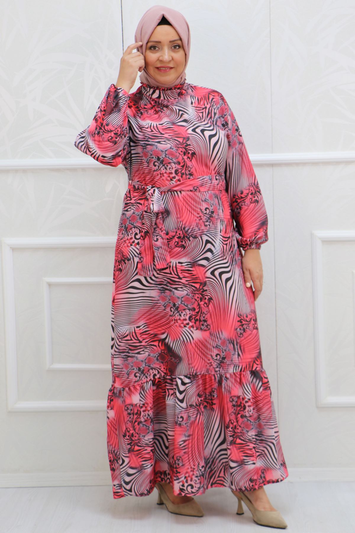 32040 Plus Size Jesica Dress with Frilled Neckline-Patterned Zebra Coral
