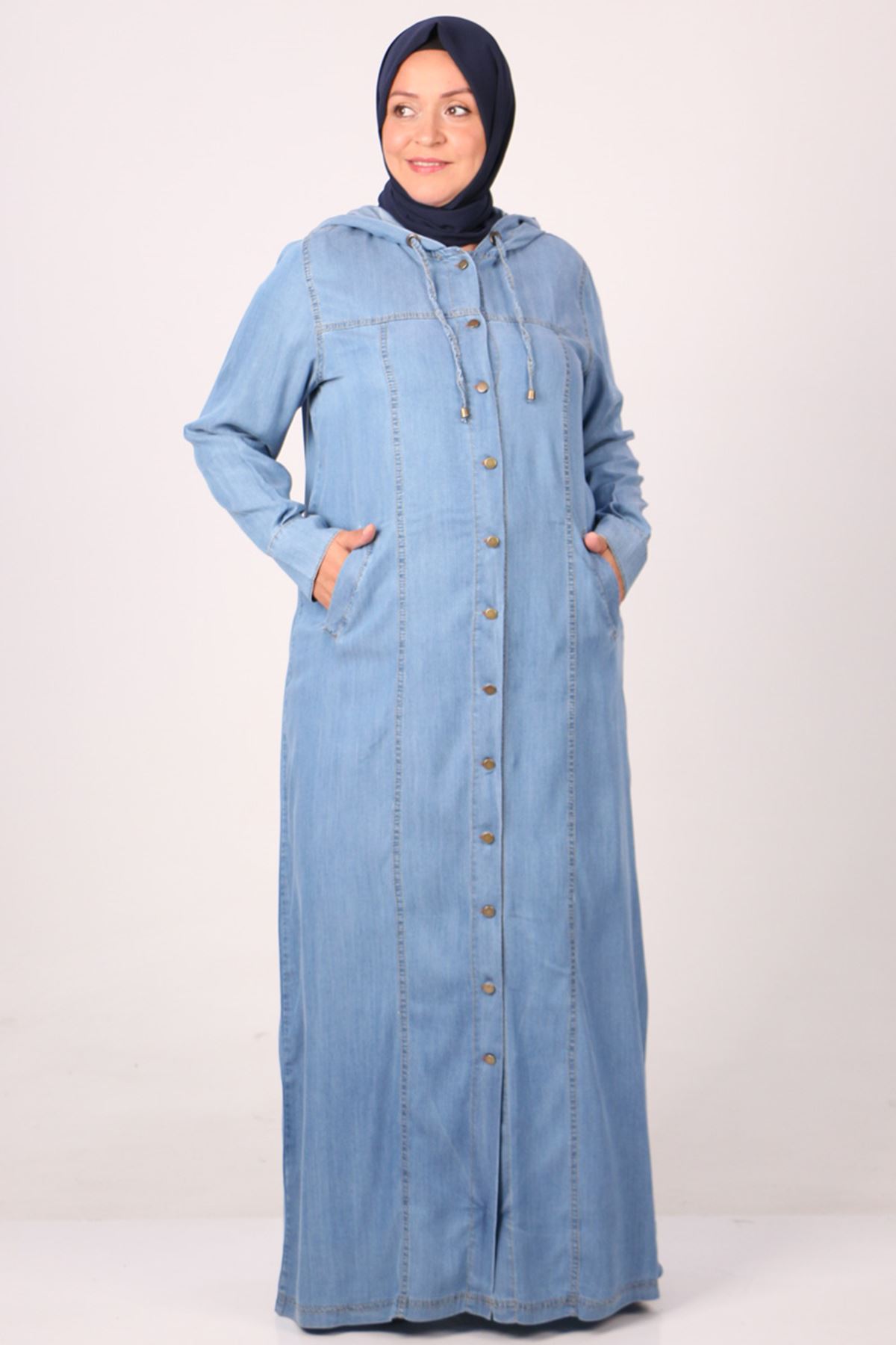 26007 Large Size Buttoned Jeans Abaya - Ice Blue