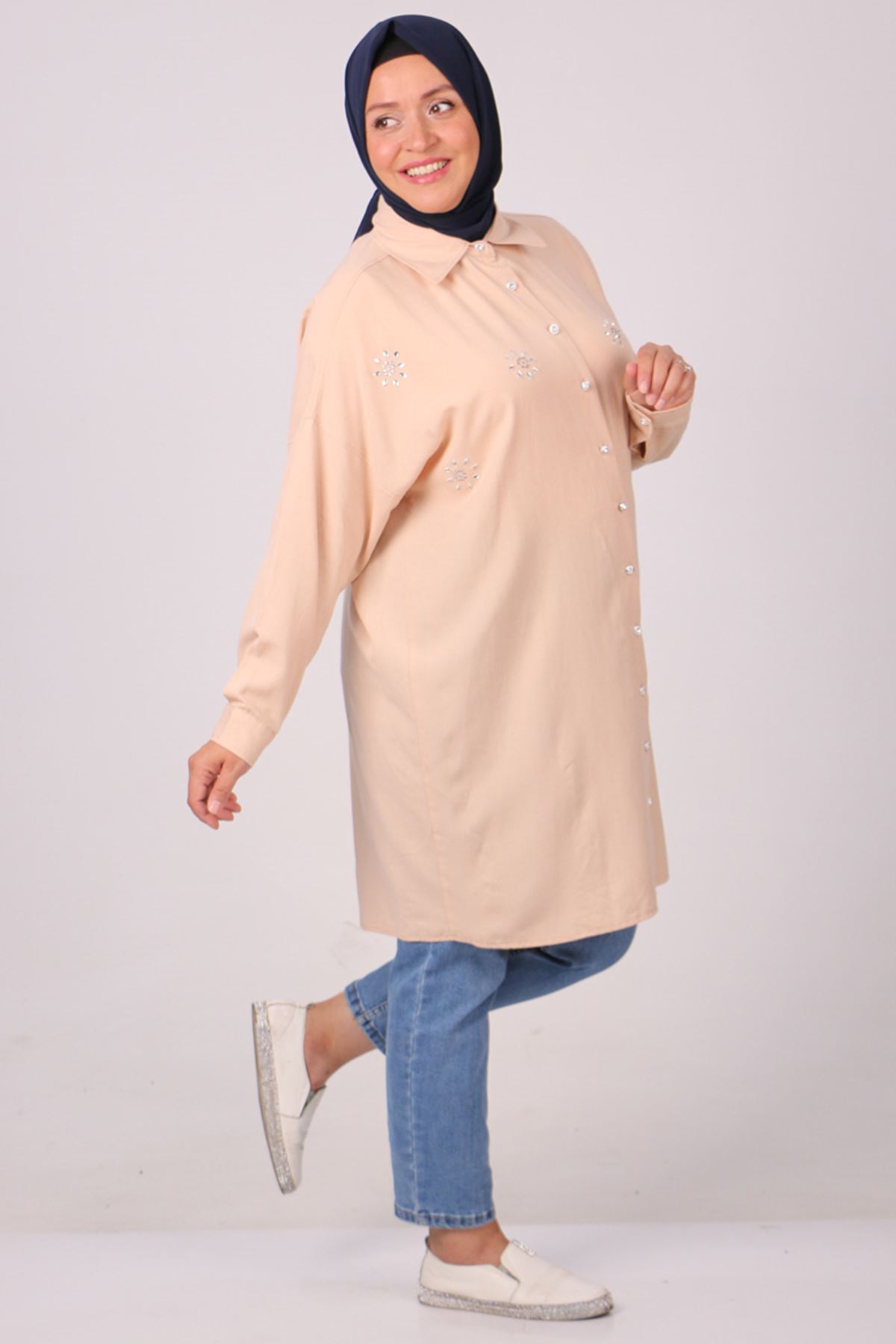 38077 Large Size Stone Printed Low-Sleeve Linen Shirt - Yellow