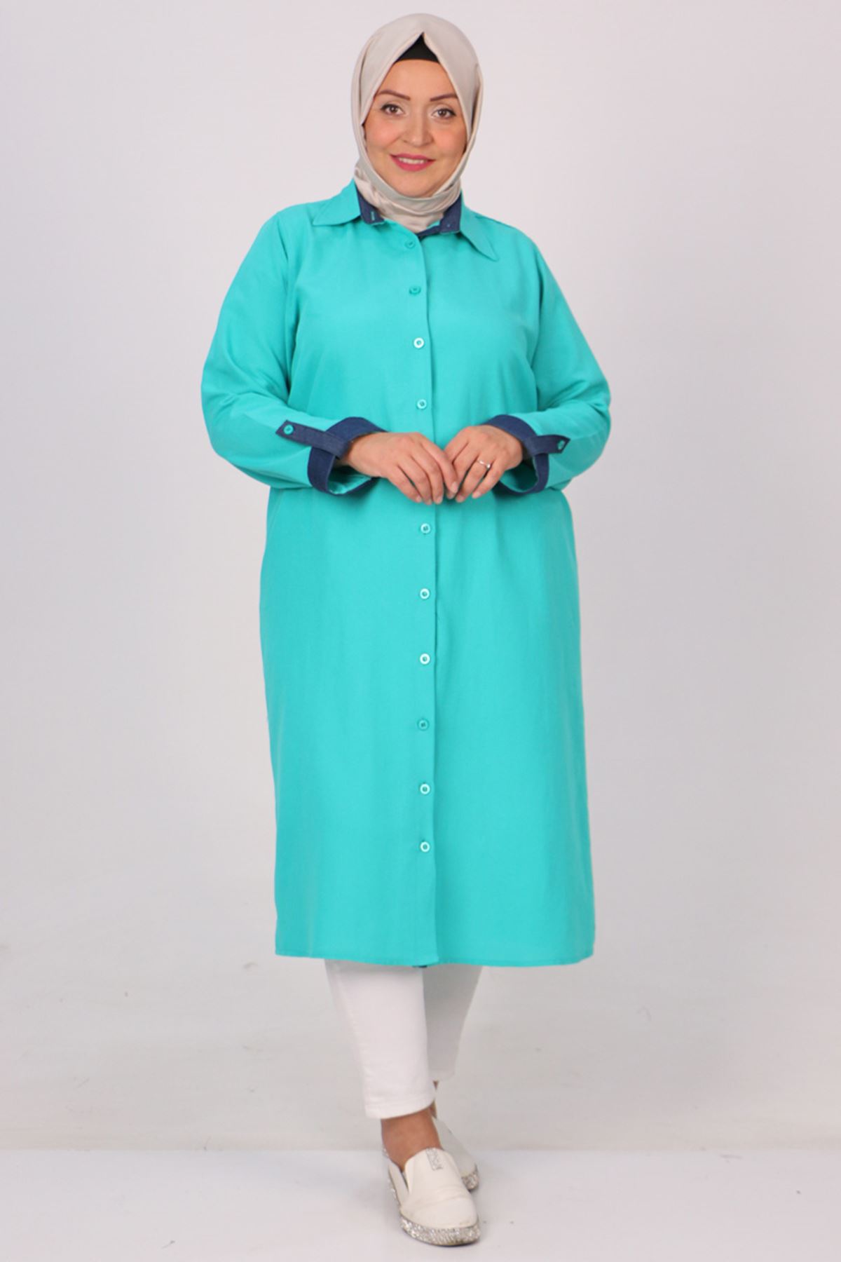 38086 Large Size Linen Shirt With Garnish - Water green