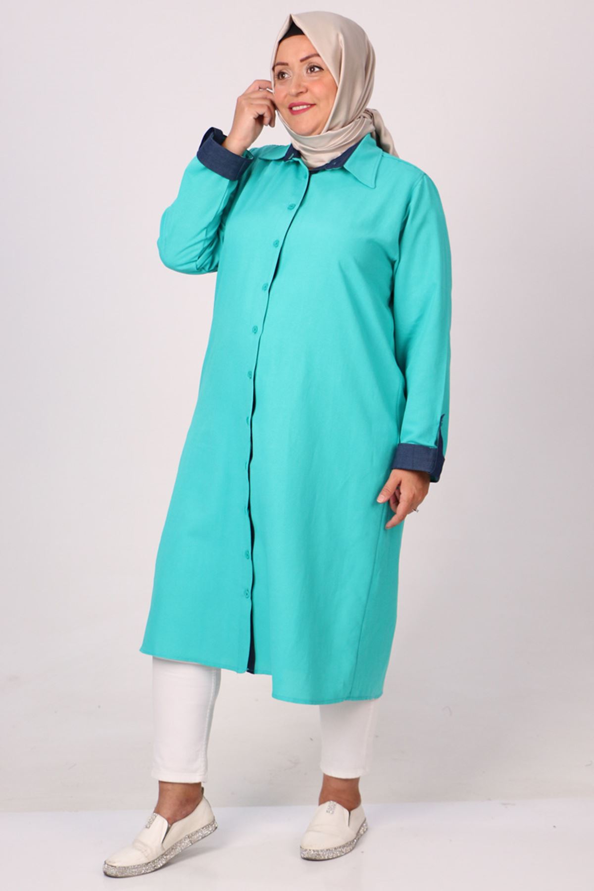38086 Large Size Linen Shirt With Garnish - Water green