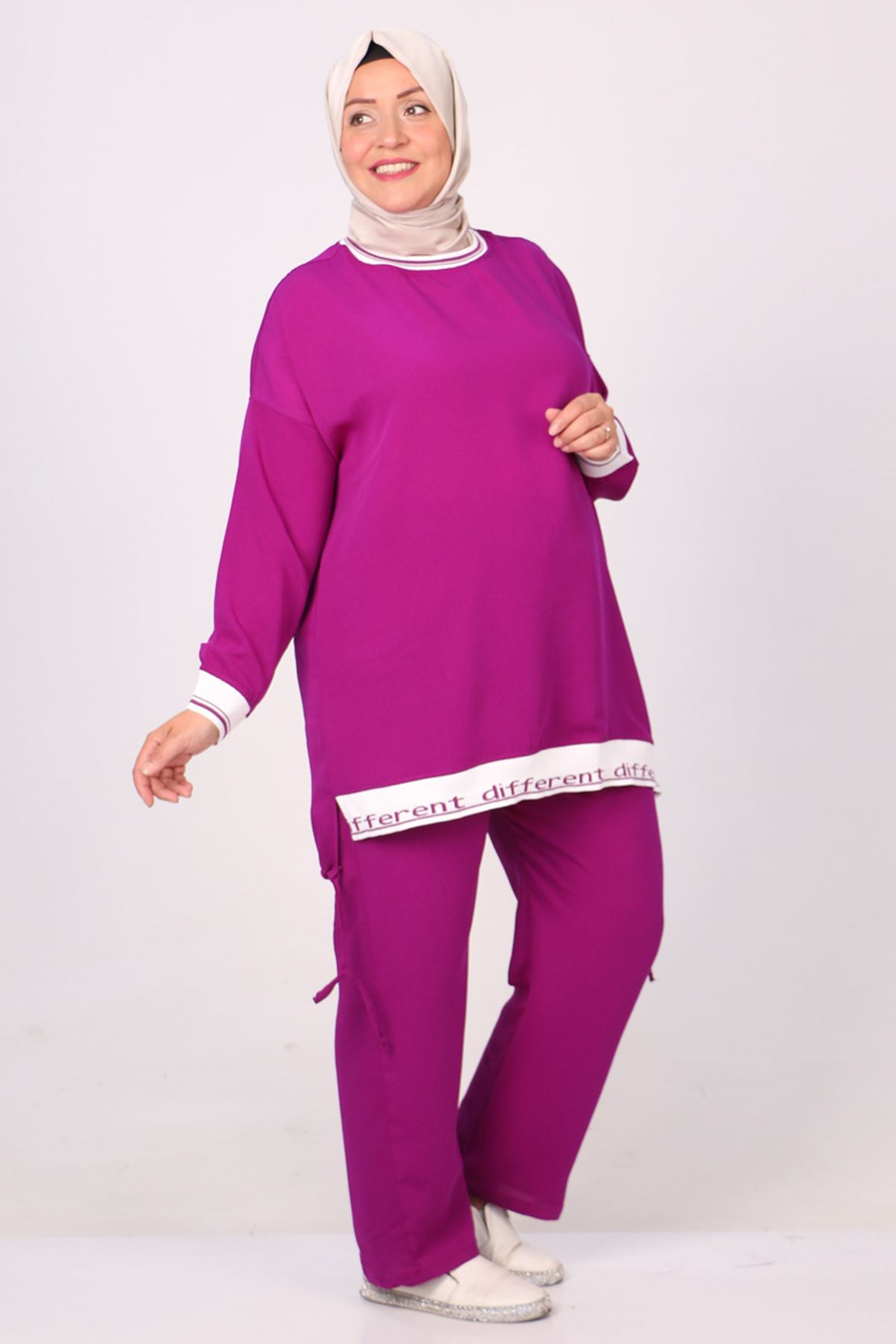37027 Large Size Nil Crepe Ribbed Trousers Suit-Plum