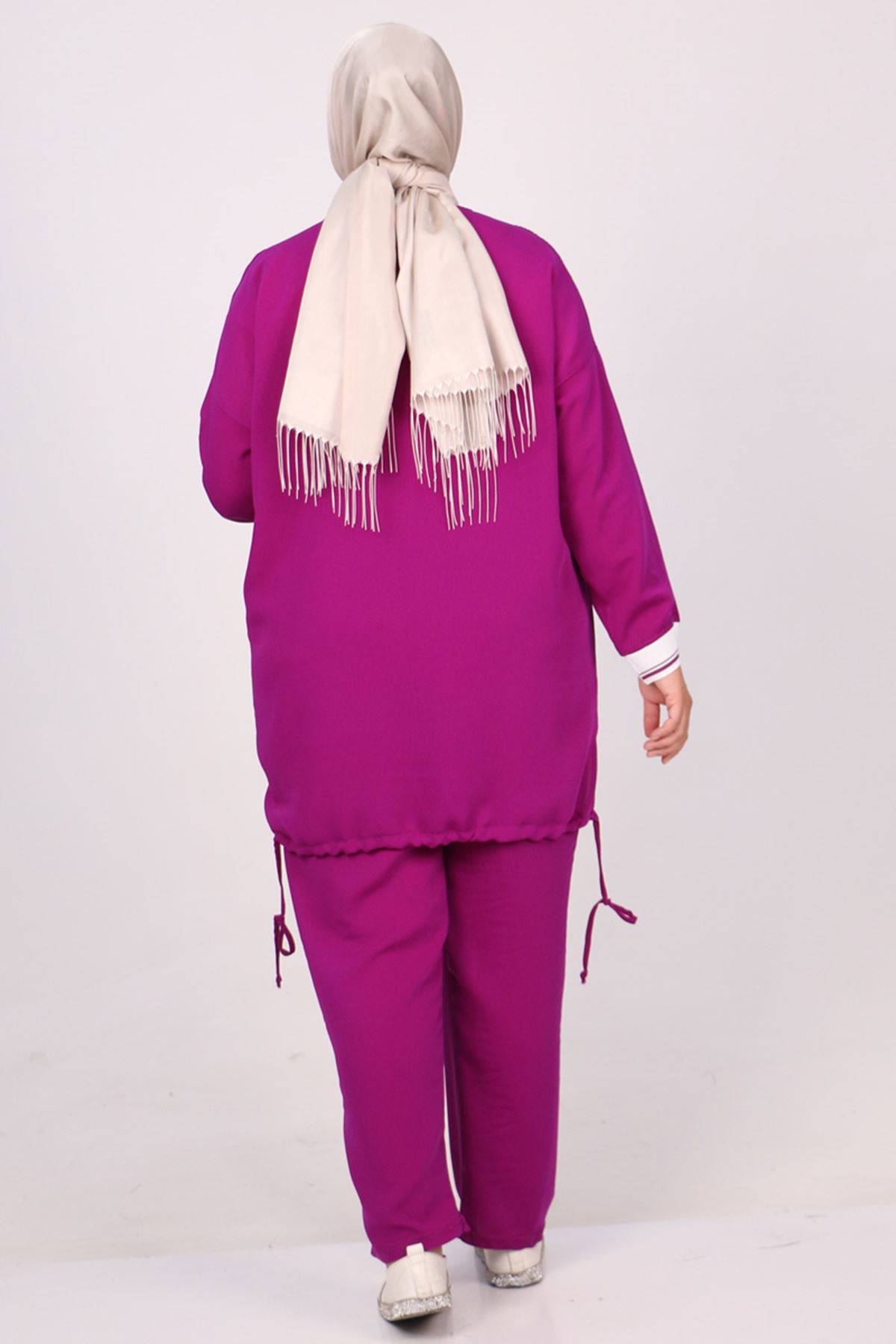 37027 Large Size Nil Crepe Ribbed Trousers Suit-Plum