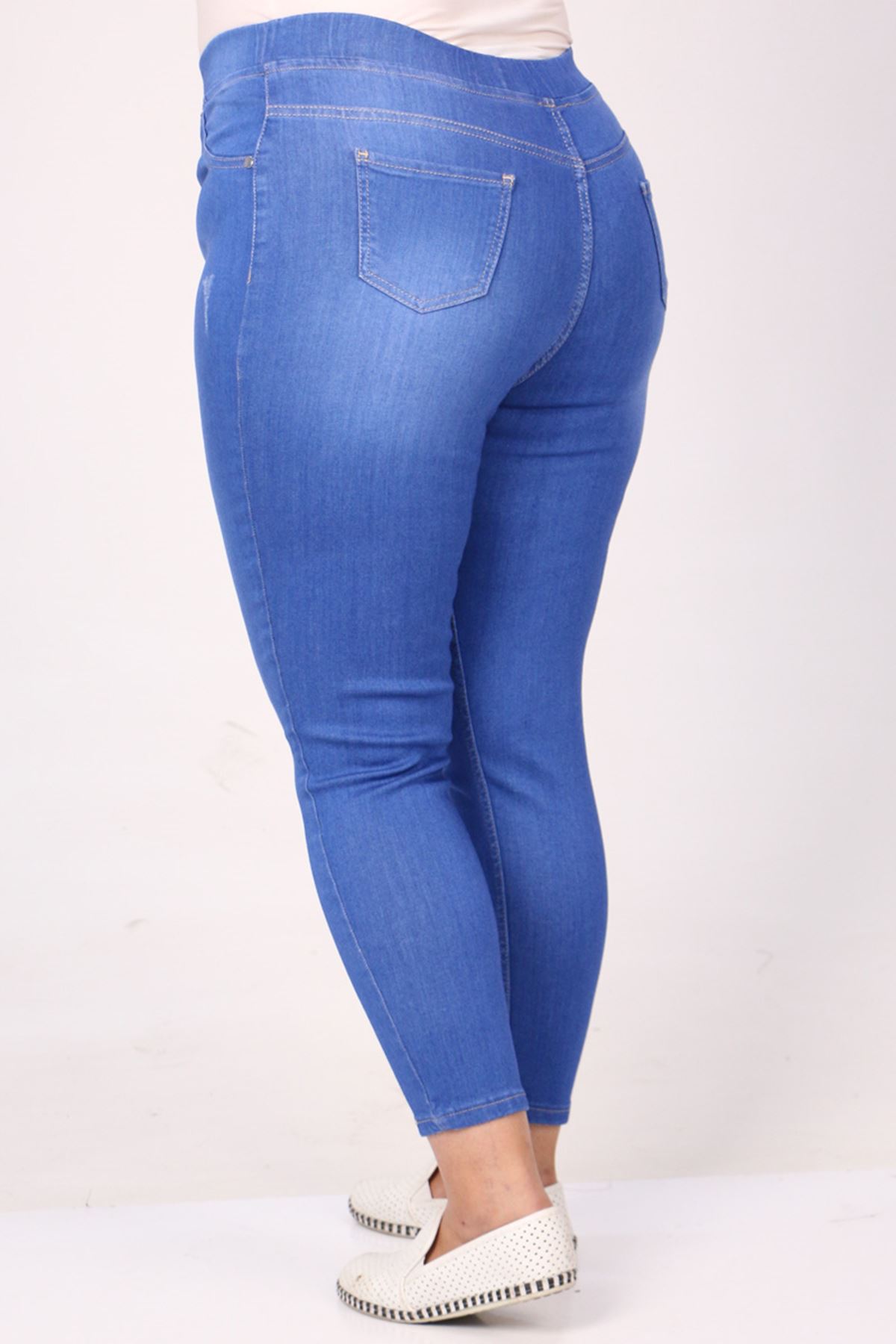 9184-7 Büyük Beden Beli Lastikli Taşlı Tırnaklı Dar Paça Kot Pantolon - Mavi