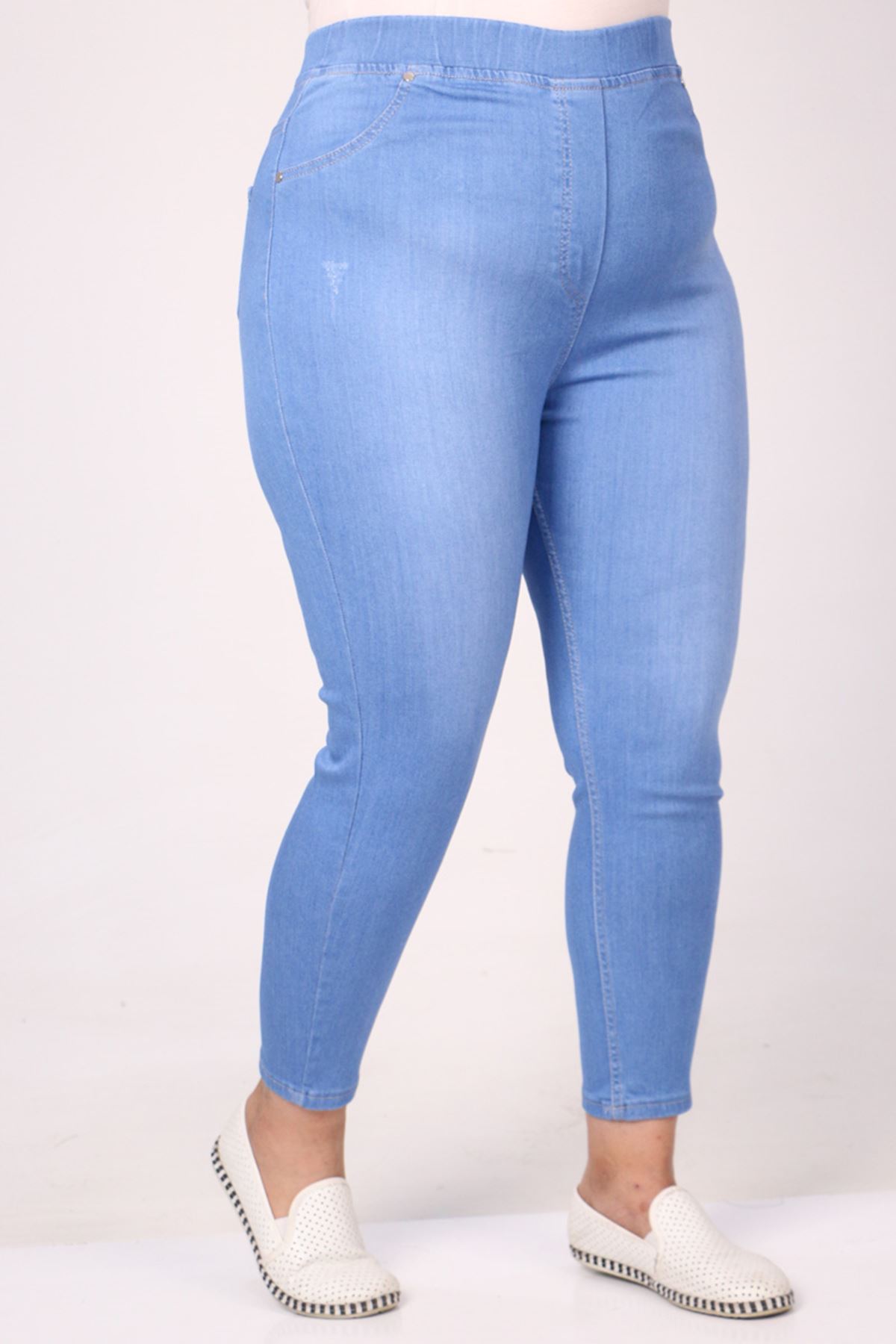 9184-7 Büyük Beden Beli Lastikli Taşlı Tırnaklı Dar Paça Kot Pantolon - Buz Mavi  