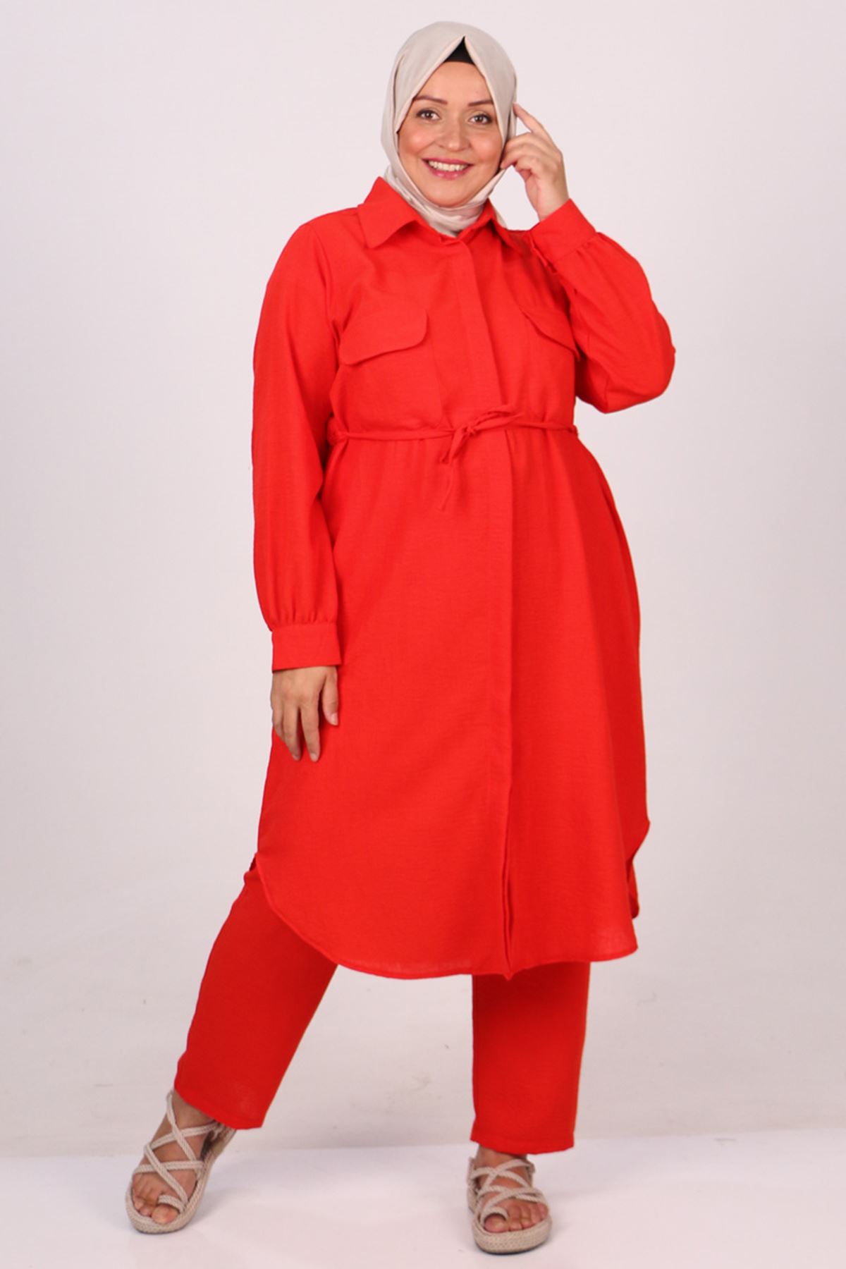 37029 Large Size Pocket Linen Airobin Trousers Set -Red