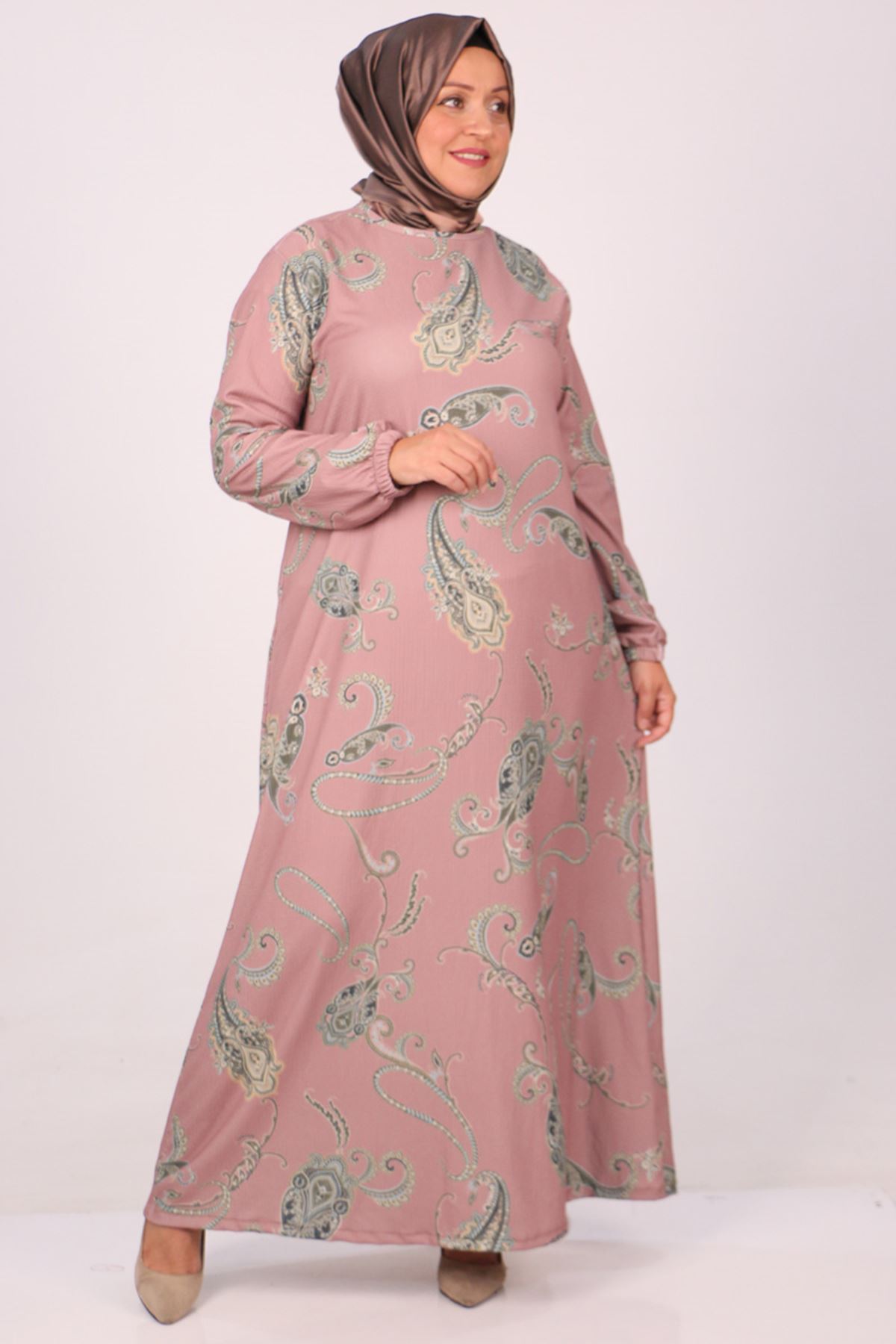 32025 Plus Size Crepe Dress - Ethnic Pattern Powder