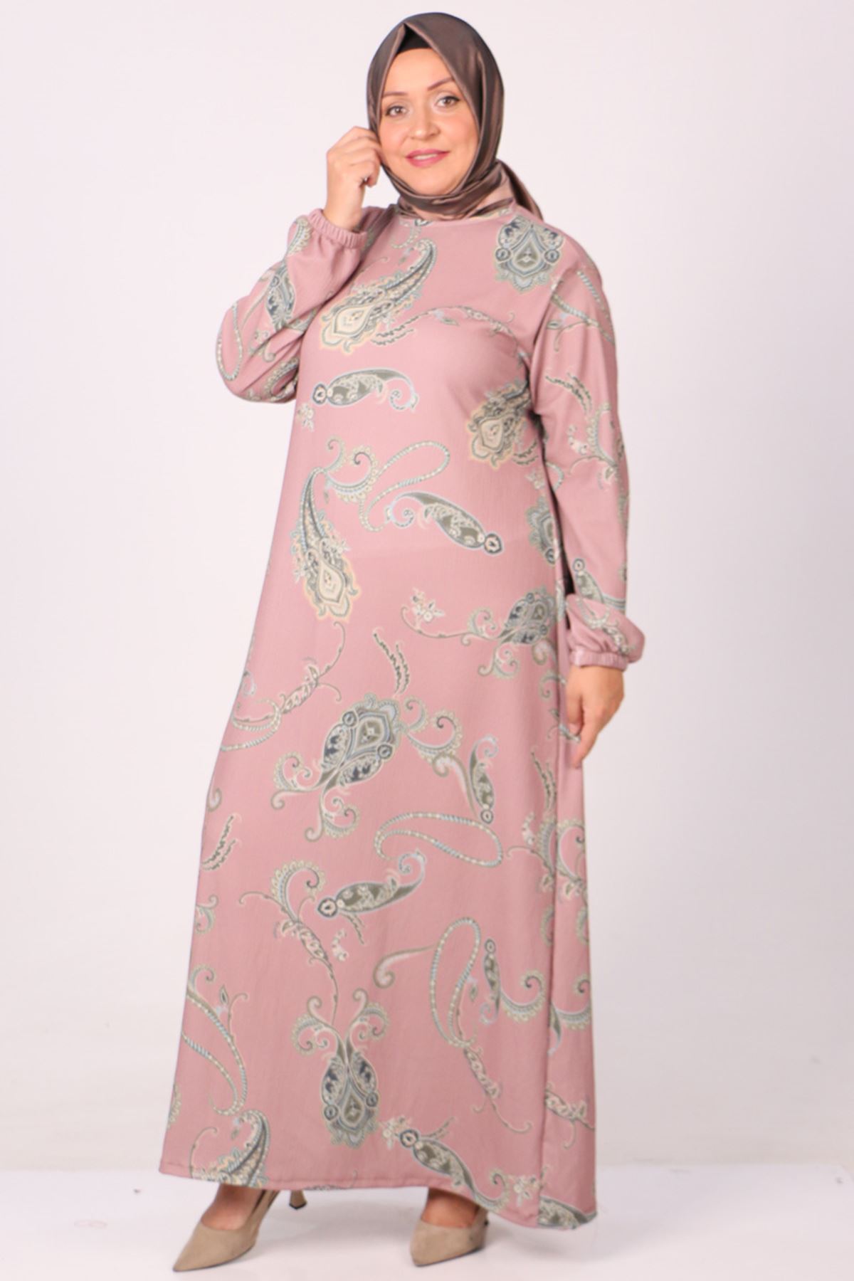 32025 Plus Size Crepe Dress - Ethnic Pattern Powder