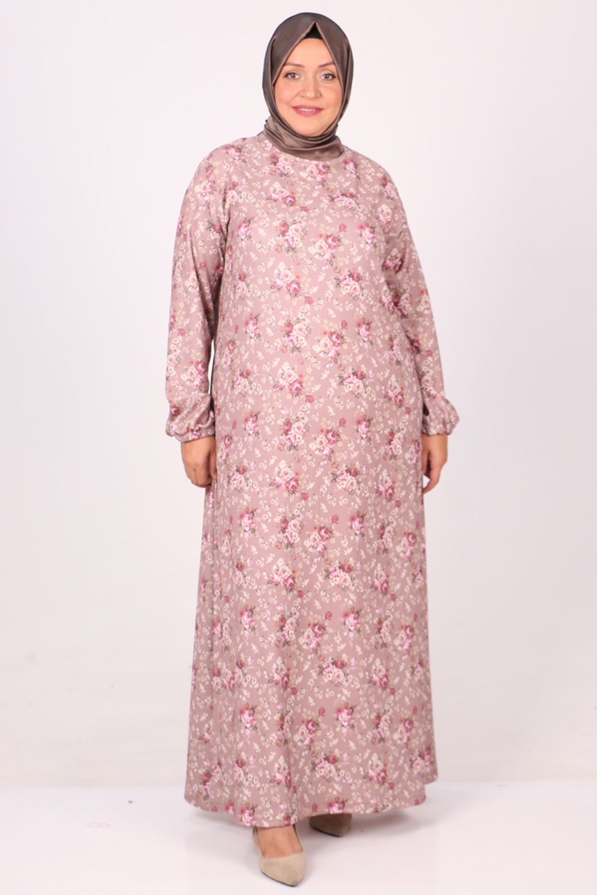 32025 Plus Size Crepe Dress - Flower Pattern Mink