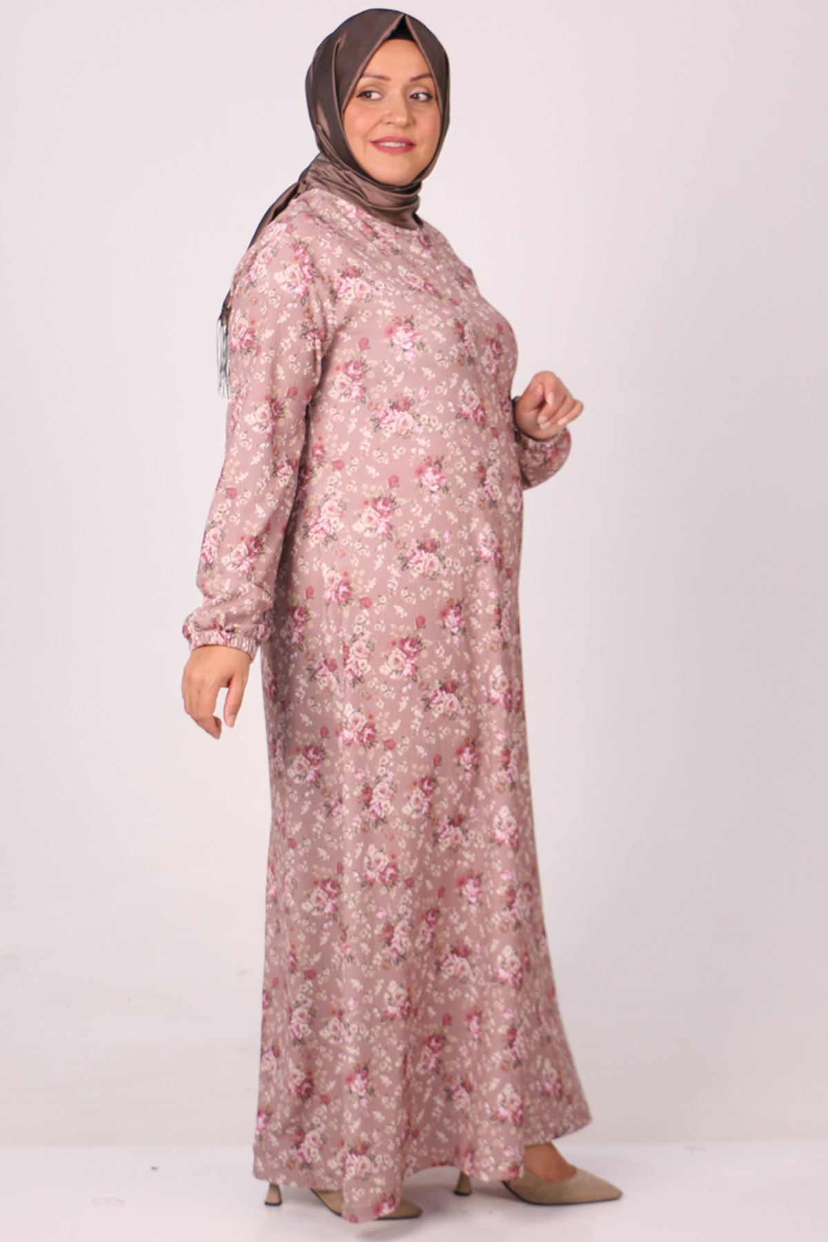 32025 Plus Size Crepe Dress - Flower Pattern Mink