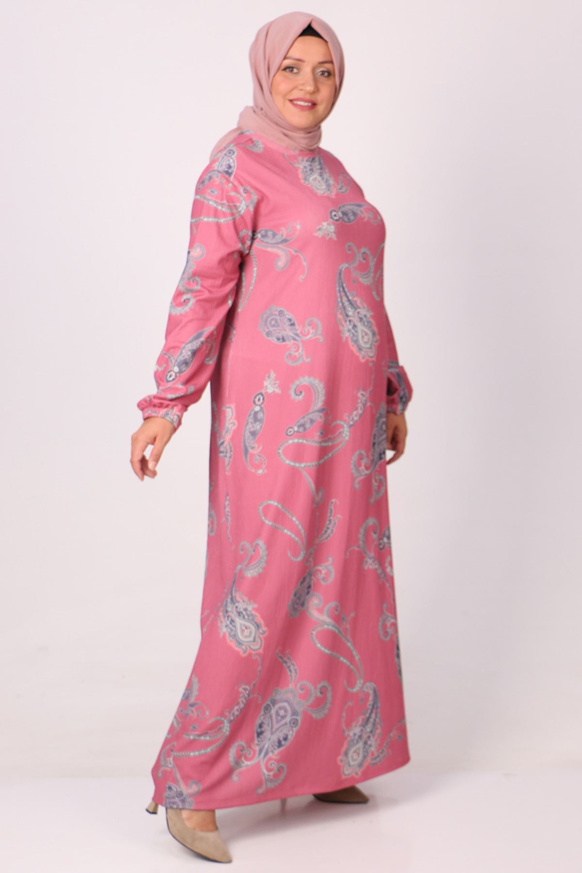 32025 Büyük Beden Bürümcük Elbise -Etnik Desen Pembe