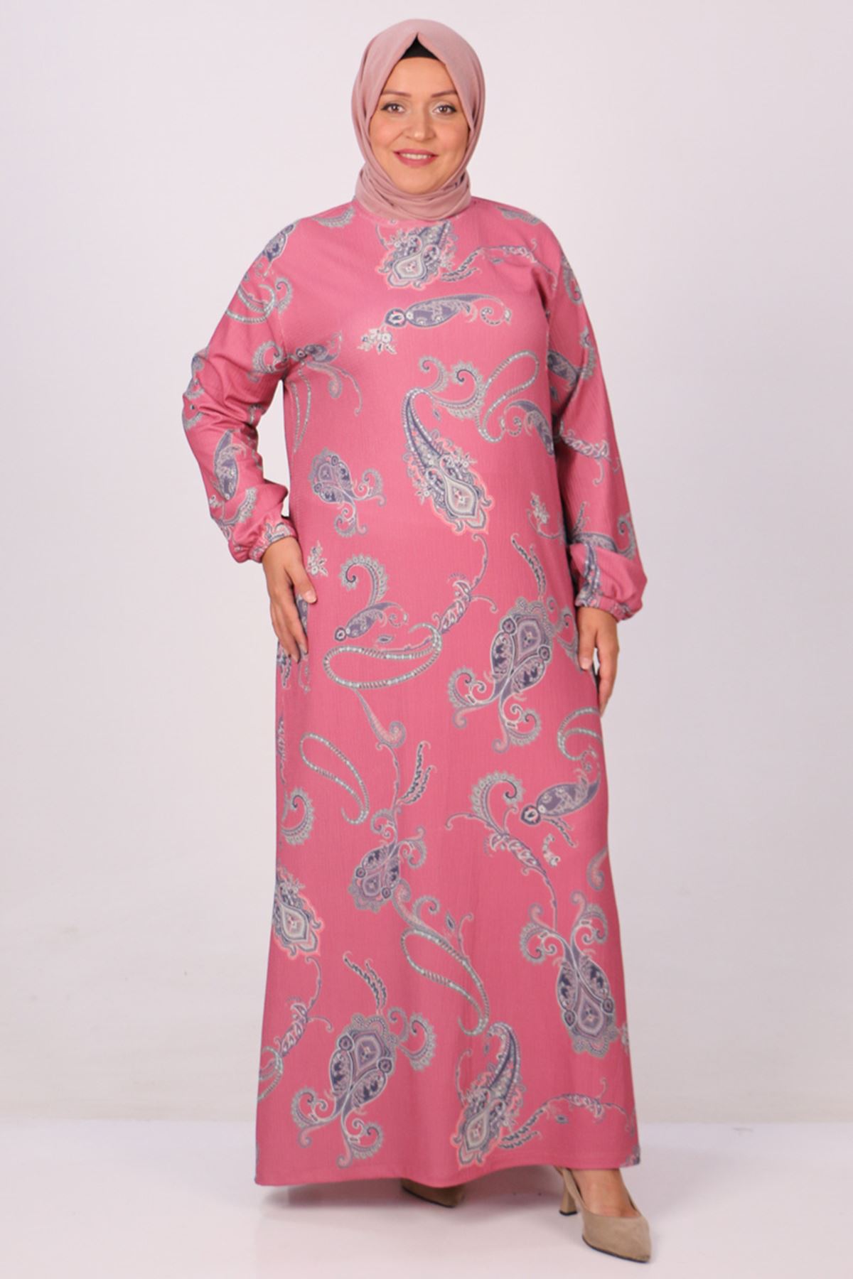 32025 Plus Size Crepe Dress - Ethnic Pattern Pink