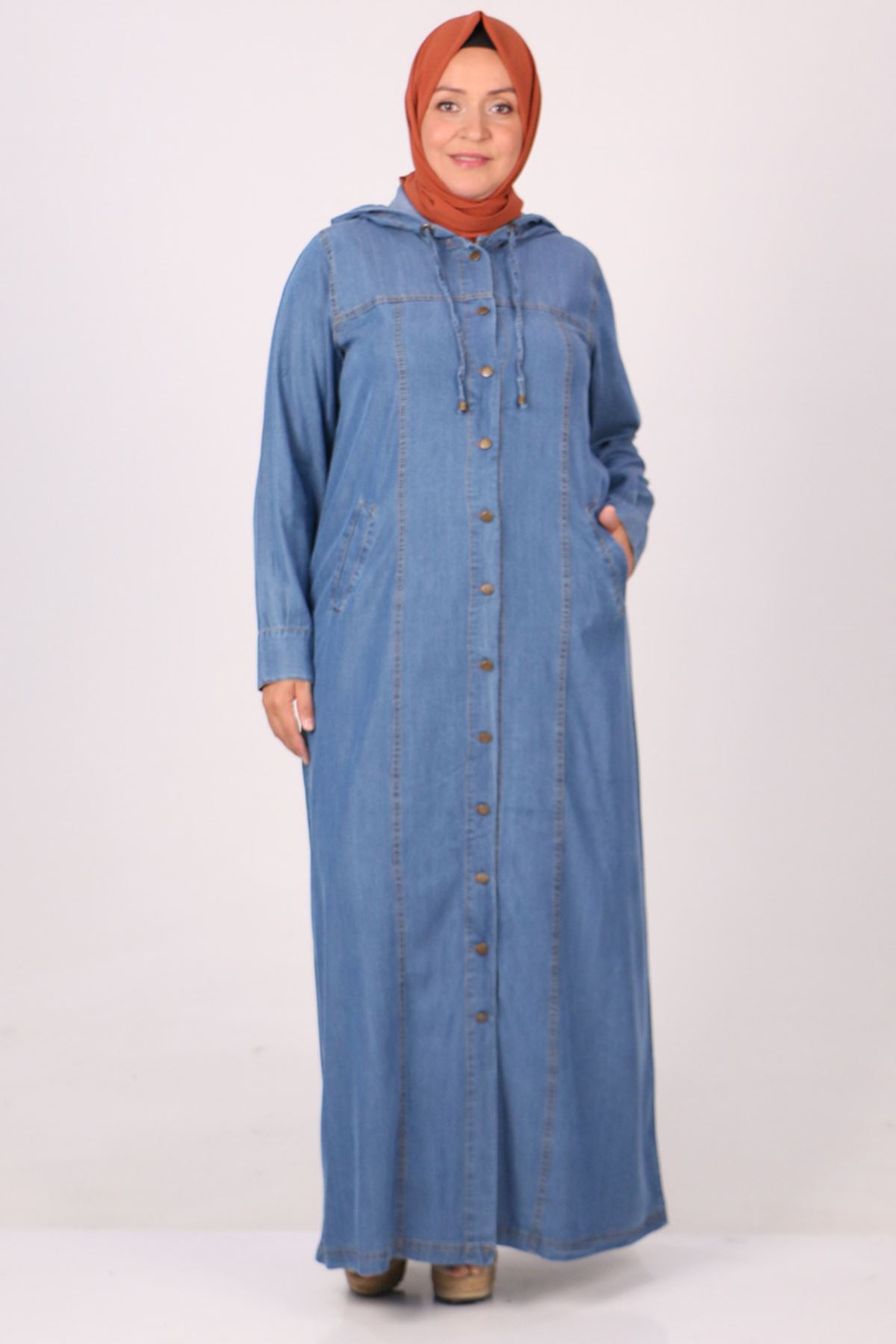 26007 Large Size Buttoned Jeans Abaya - Ice Blue