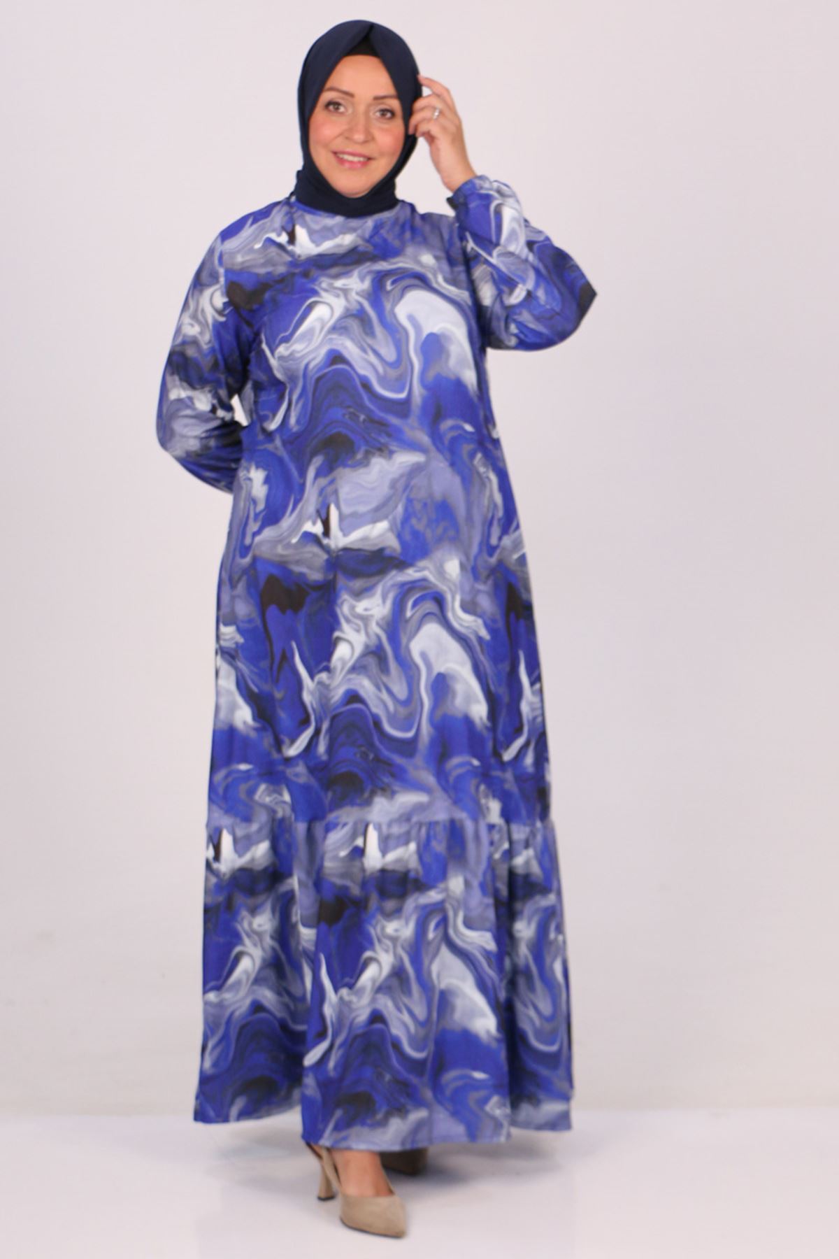 32024 Büyük Beden Etek Ucu Fırfırlı Bürümcük Elbise -Desenli Saks