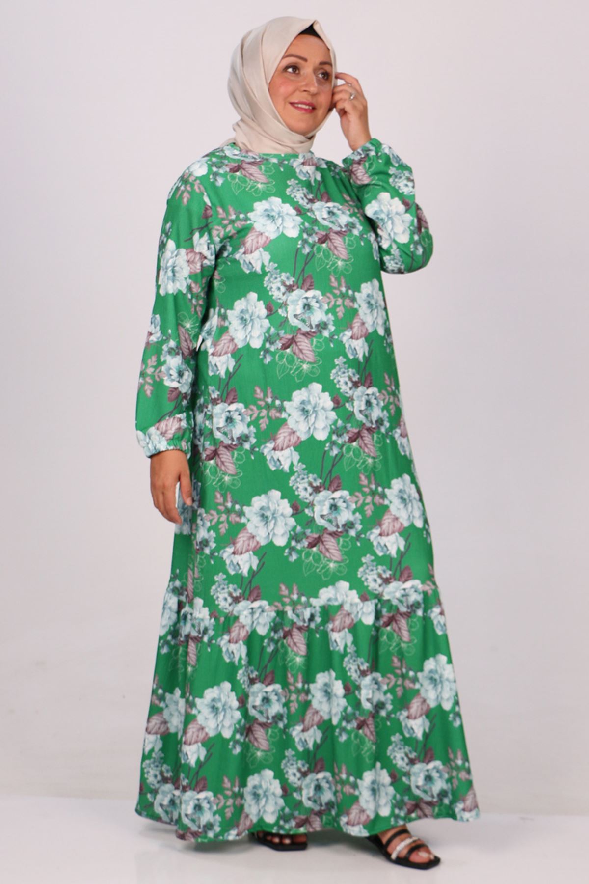 32024 Plus Size Hemline Frilly Crepe Dress -Green Flowering Benetton