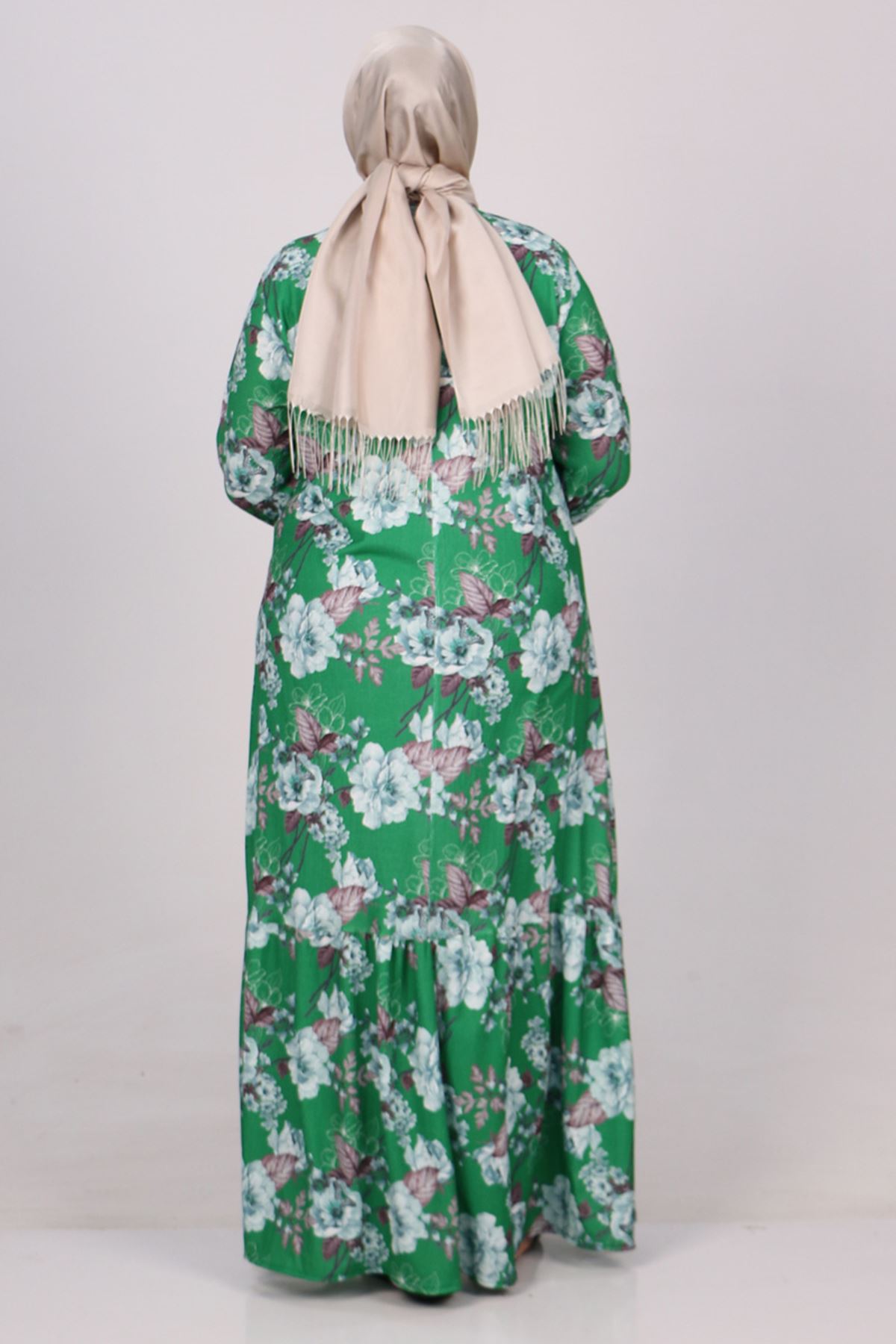 32024 Plus Size Hemline Frilly Crepe Dress -Green Flowering Benetton