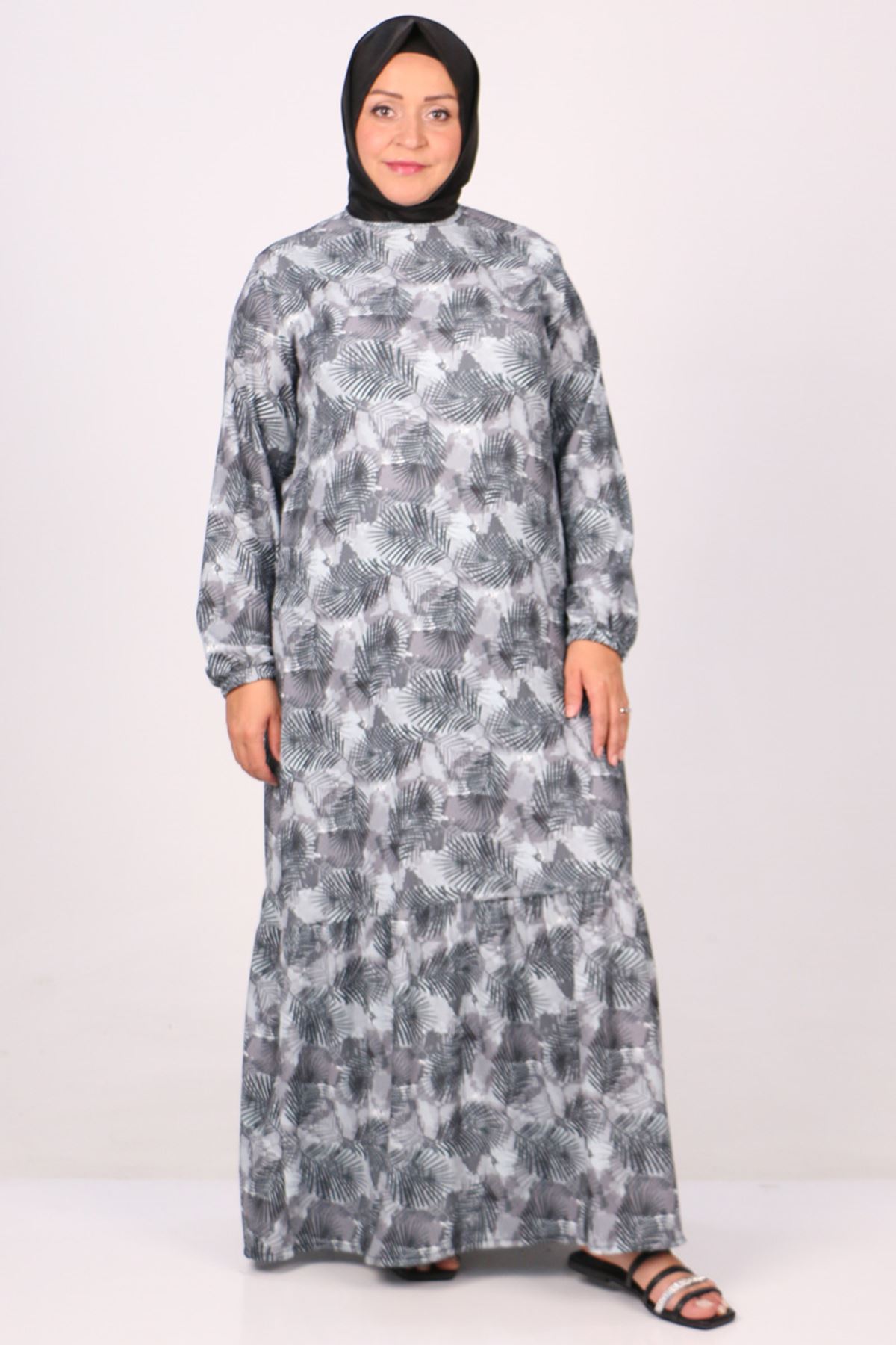 32024 Plus Size Hemline Frilly Crepe Dress -Leaf Pattern Anthracite