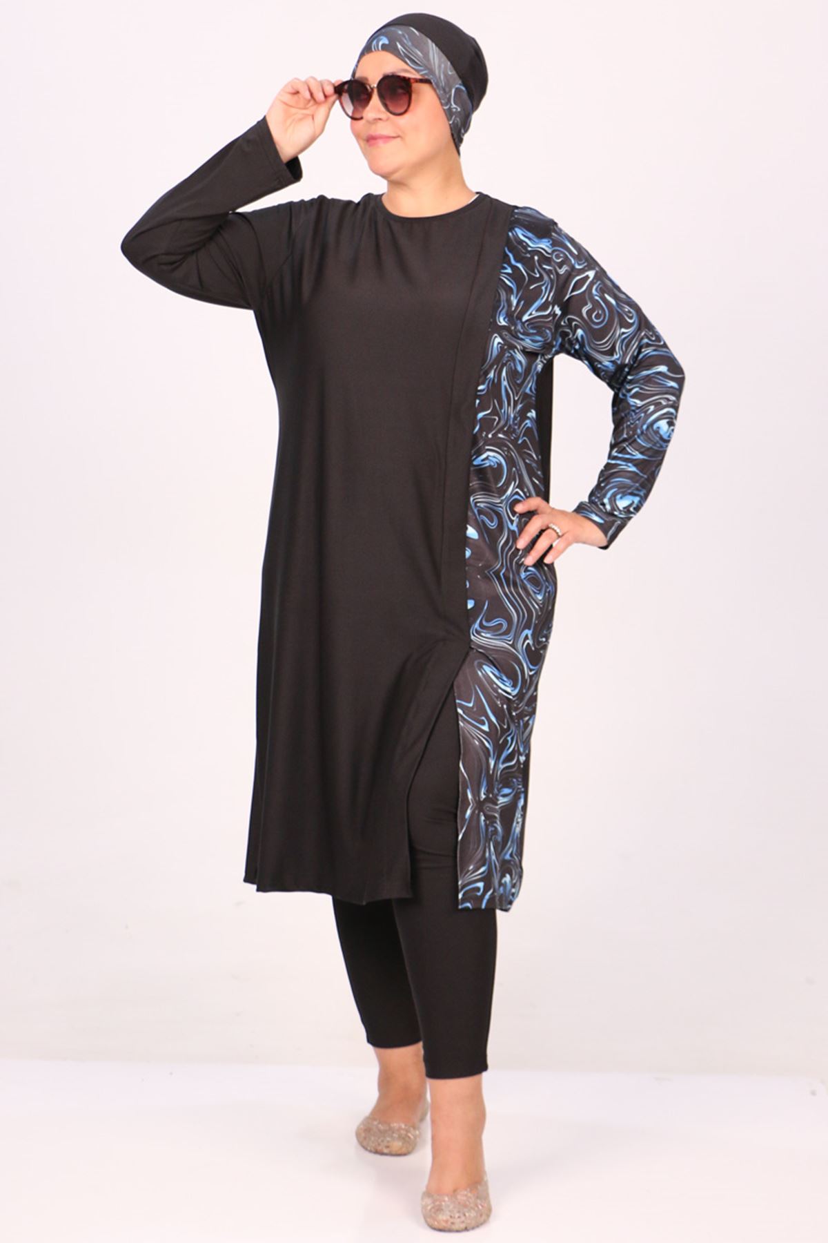 1725 Plus Size Long Sleeve Tights Hijab Swimsuit Set - Blue