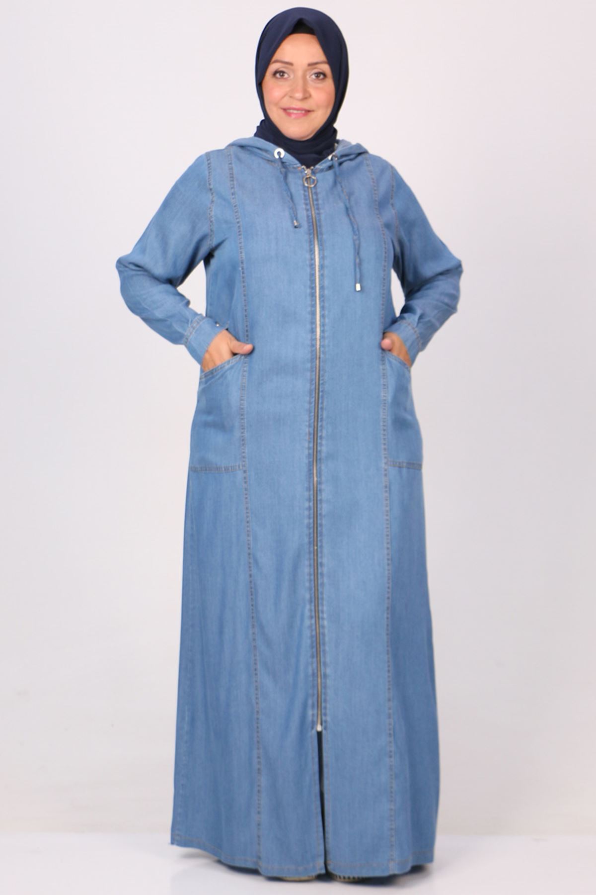 26006 Large Size Zippered Jeans Abaya - Blue