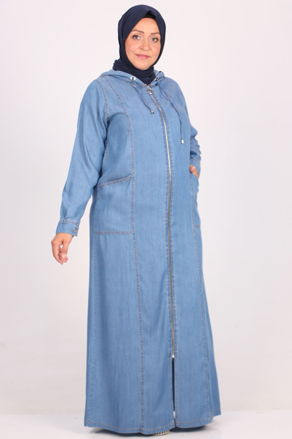 26006 Large Size Zippered Jeans Abaya - Blue