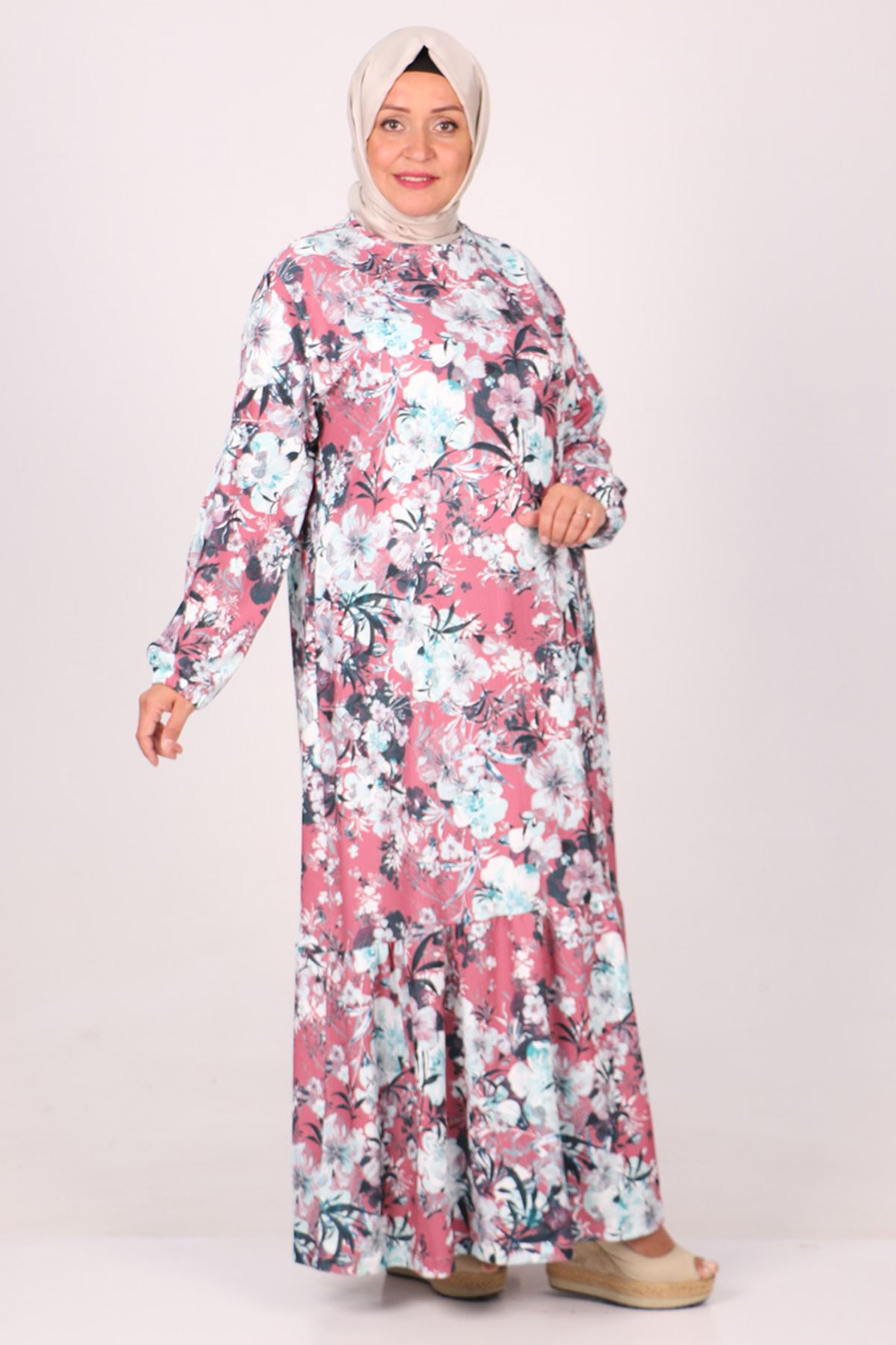 32024 Plus Size Hemline Frilly Crepe Dress -Flower Pattern Dried Rose