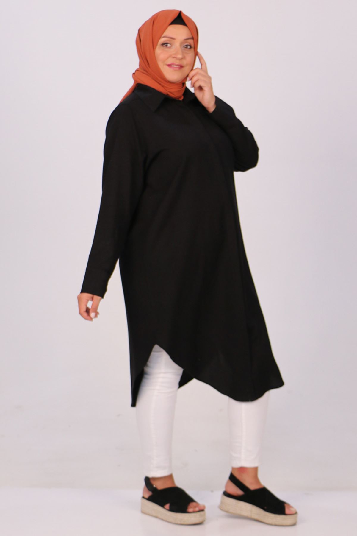 38085 Large Size Linen Shirt with Concealed Buttons - Black