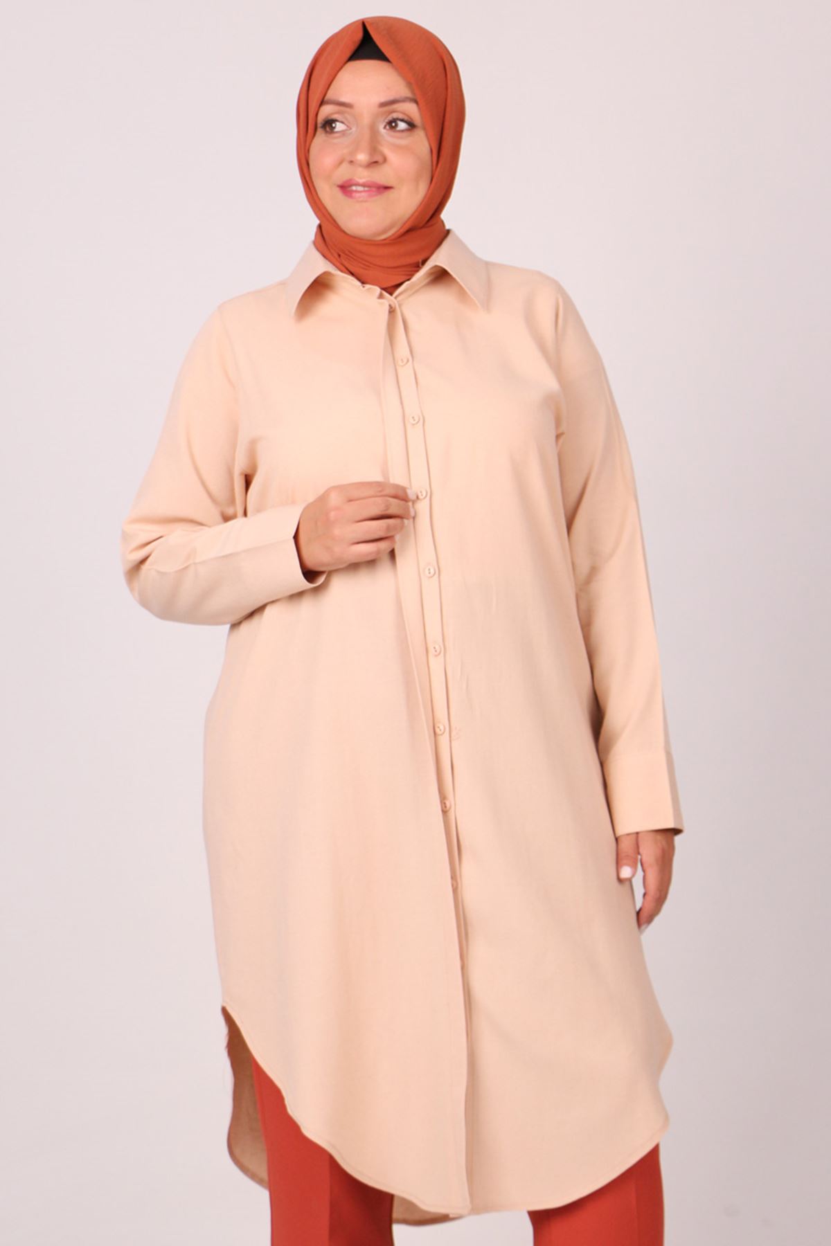 38085 Large Size Linen Shirt with Concealed Buttons - Beige