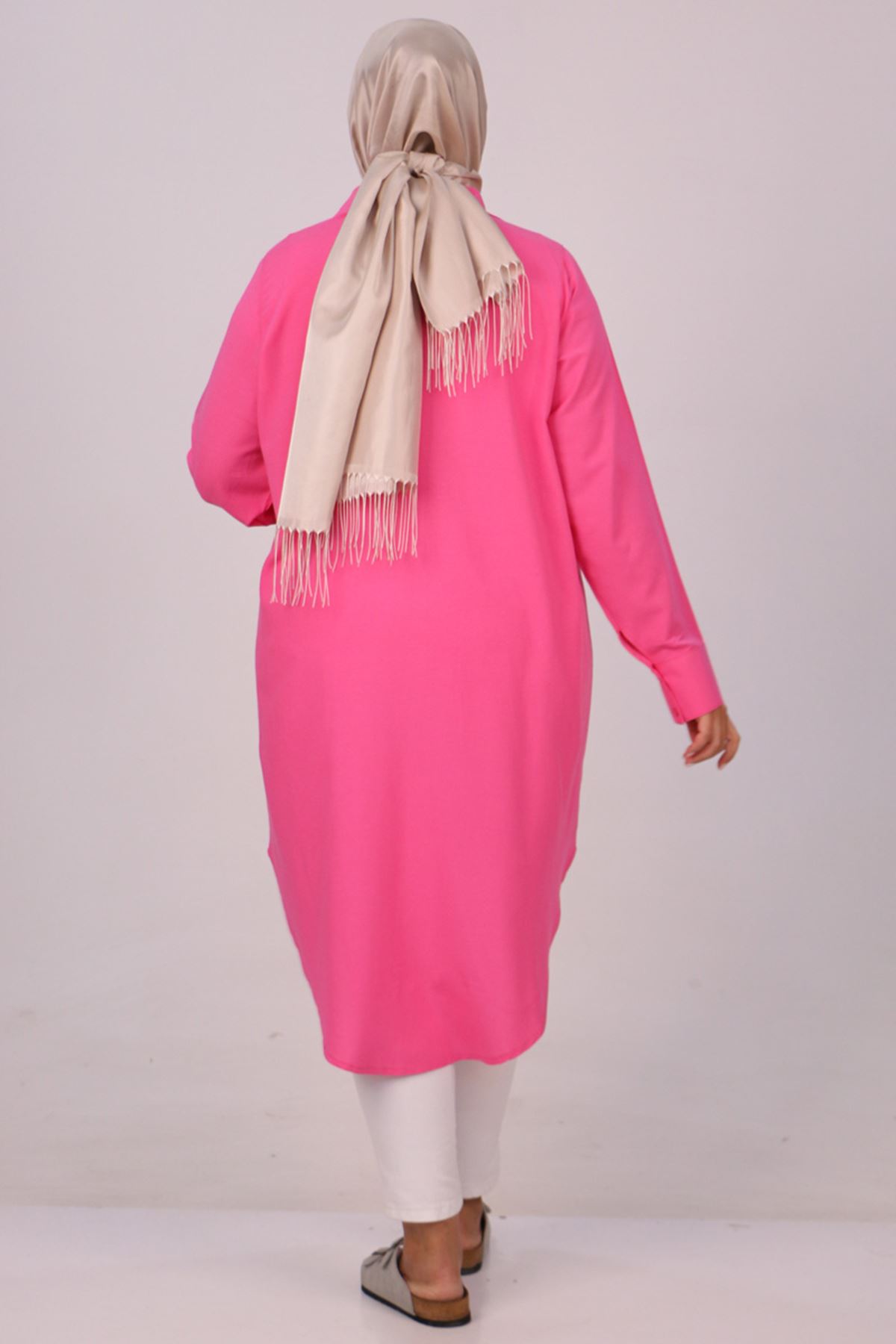 38085 Large Size Linen Shirt with Concealed Buttons - Pink